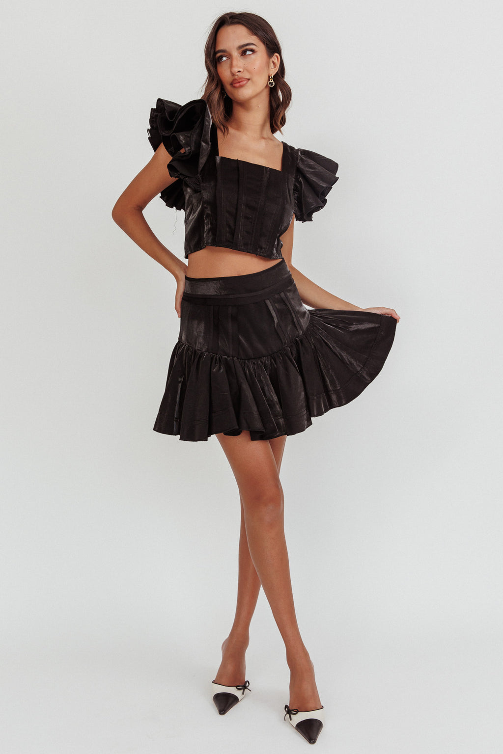 Debutante Ruffle Sleeve Crop Top Black by Selfie Leslie Australia