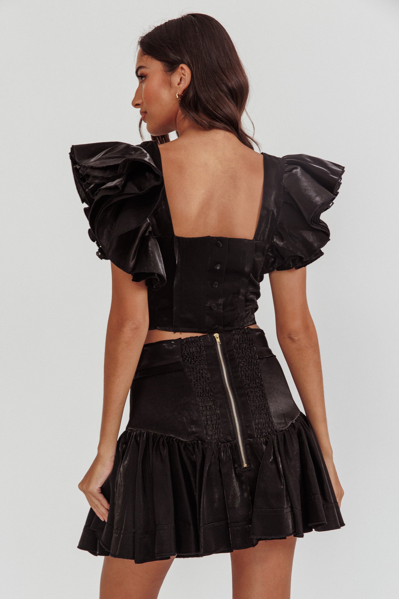 Debutante Ruffle Sleeve Crop Top Black by Selfie Leslie Australia