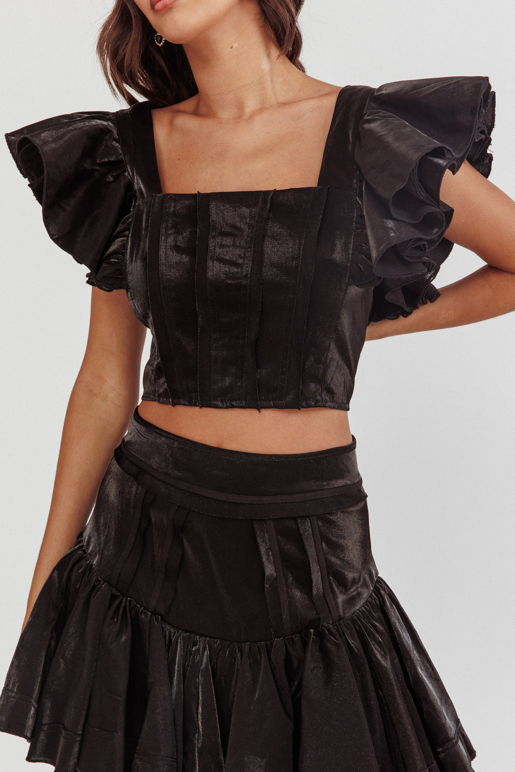 Debutante Ruffle Sleeve Crop Top Black by Selfie Leslie Australia