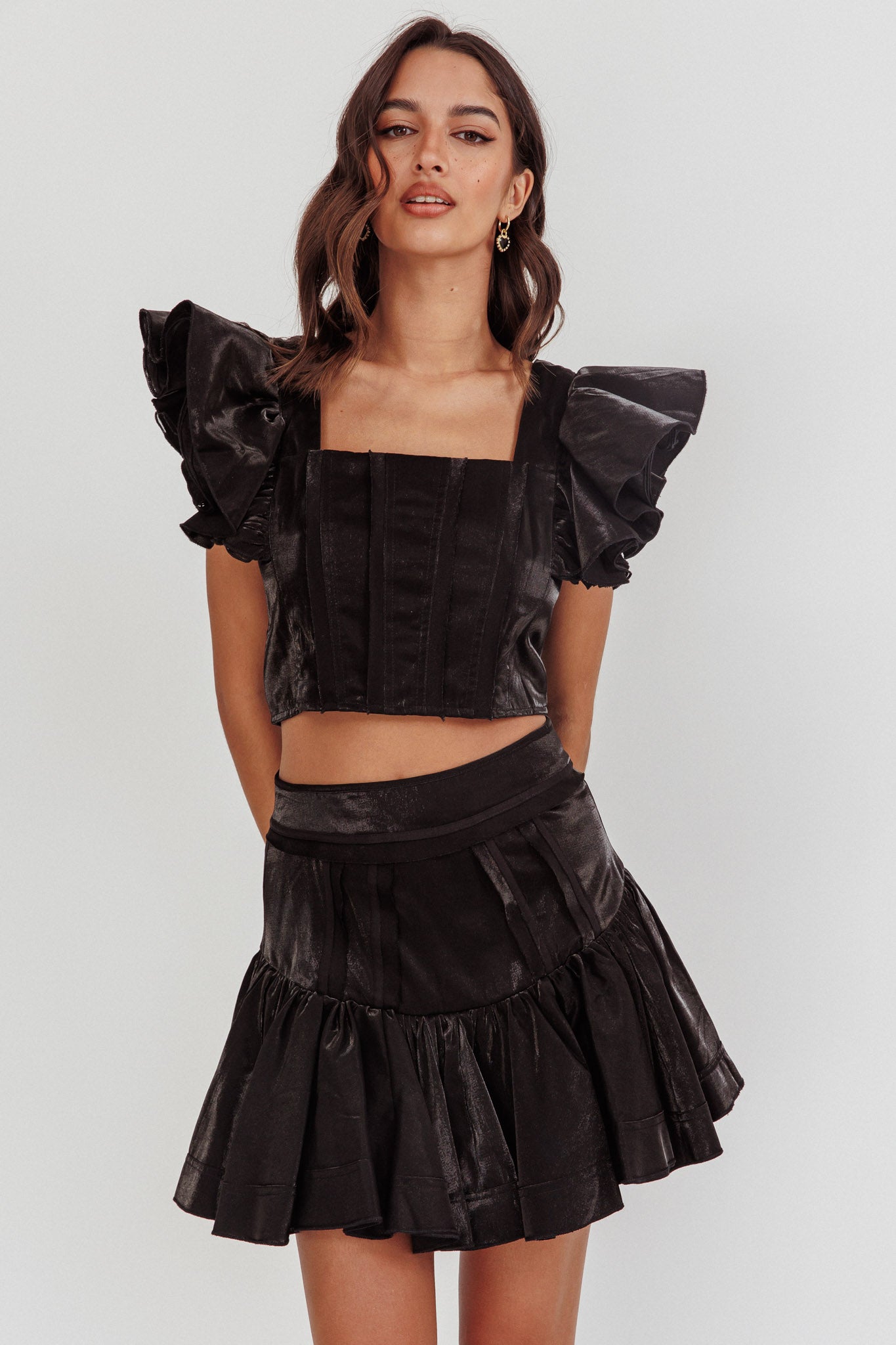 Debutante Ruffle Sleeve Crop Top Black by Selfie Leslie Australia