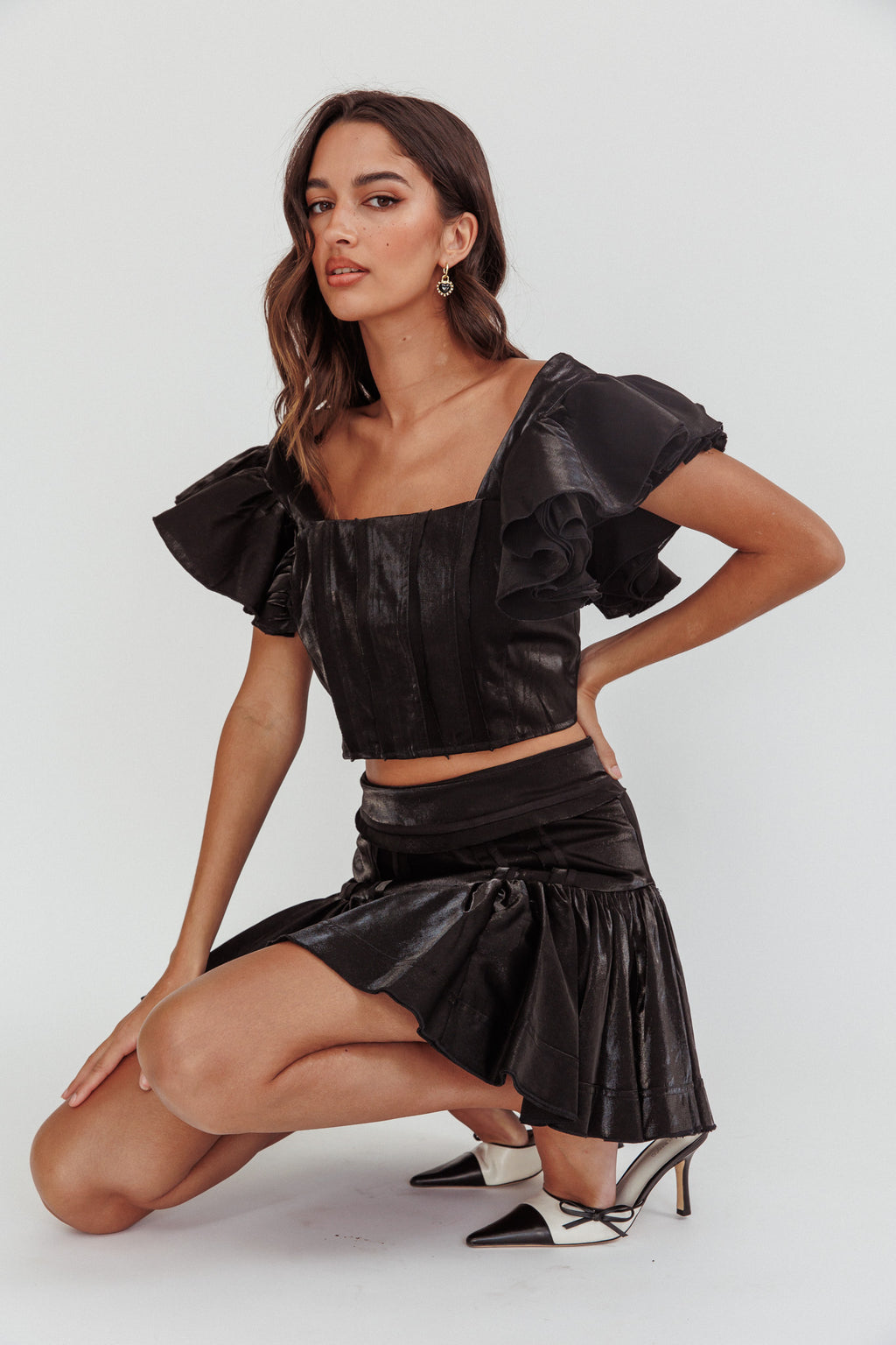 Debutante Ruffle Sleeve Crop Top Black by Selfie Leslie Australia
