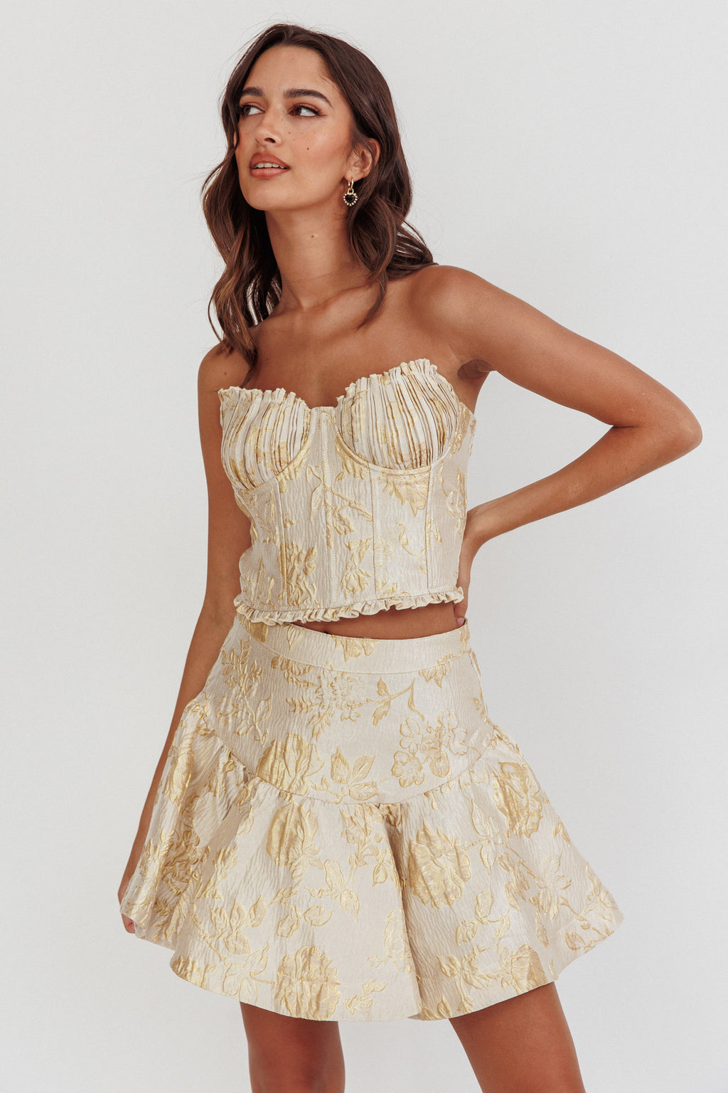Kamilla Jacquard Flared Mini Skirt Floral Gold by Selfie Leslie Australia