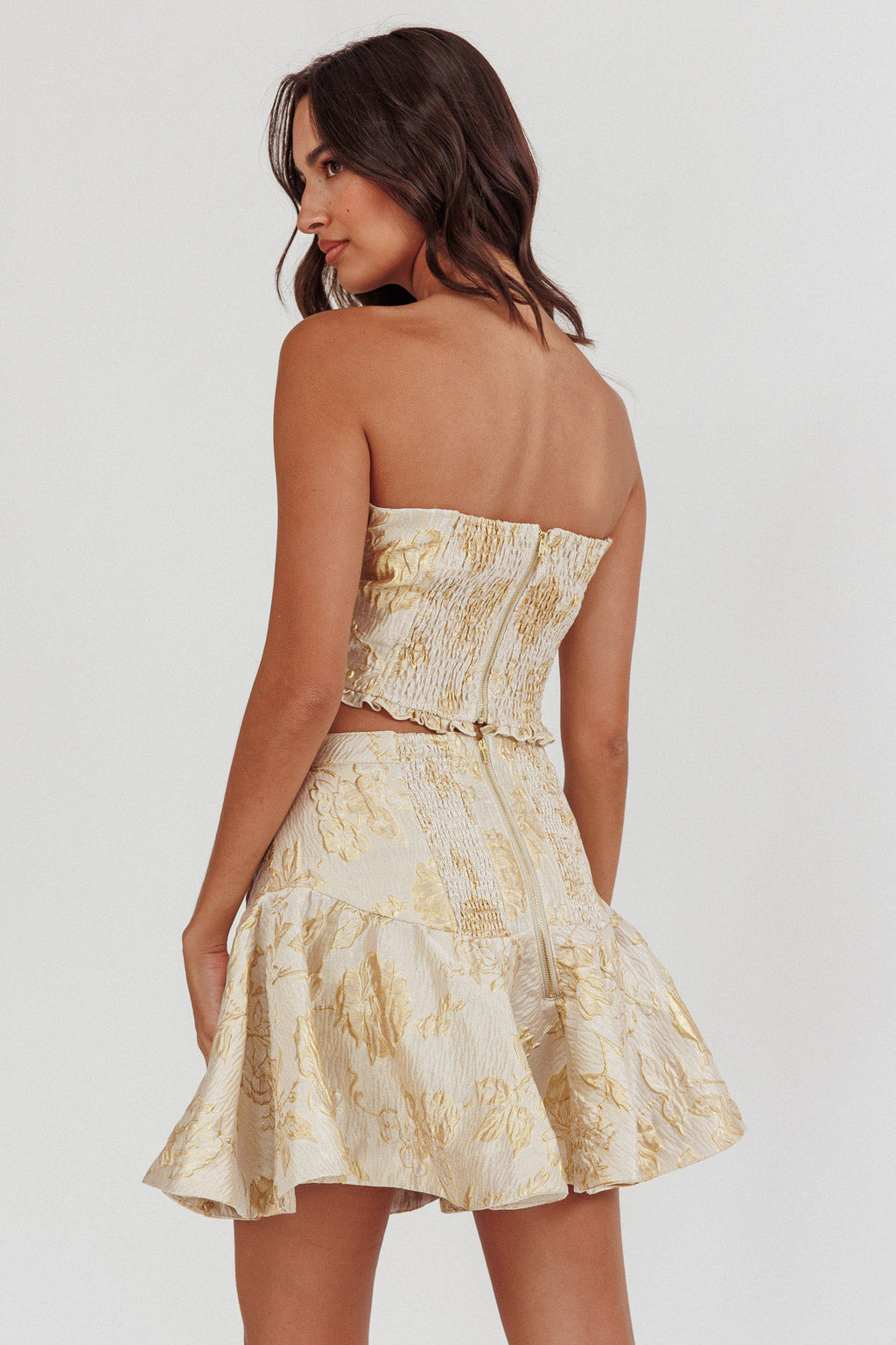 Kamilla Jacquard Flared Mini Skirt Floral Gold by Selfie Leslie Australia