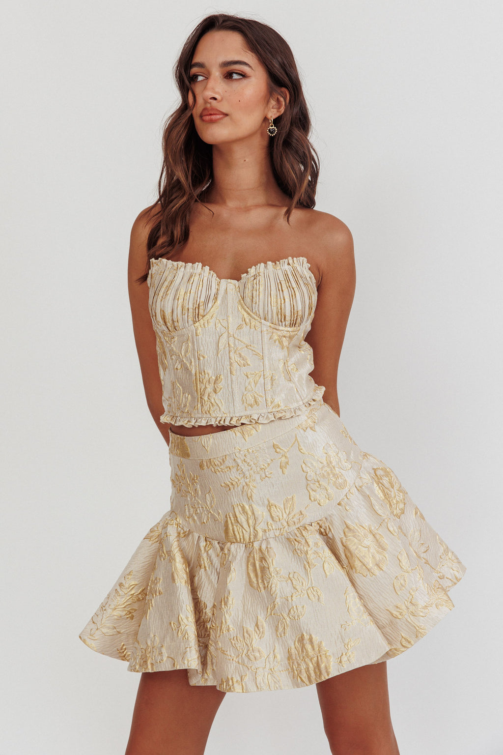 Kamilla Jacquard Flared Mini Skirt Floral Gold by Selfie Leslie Australia