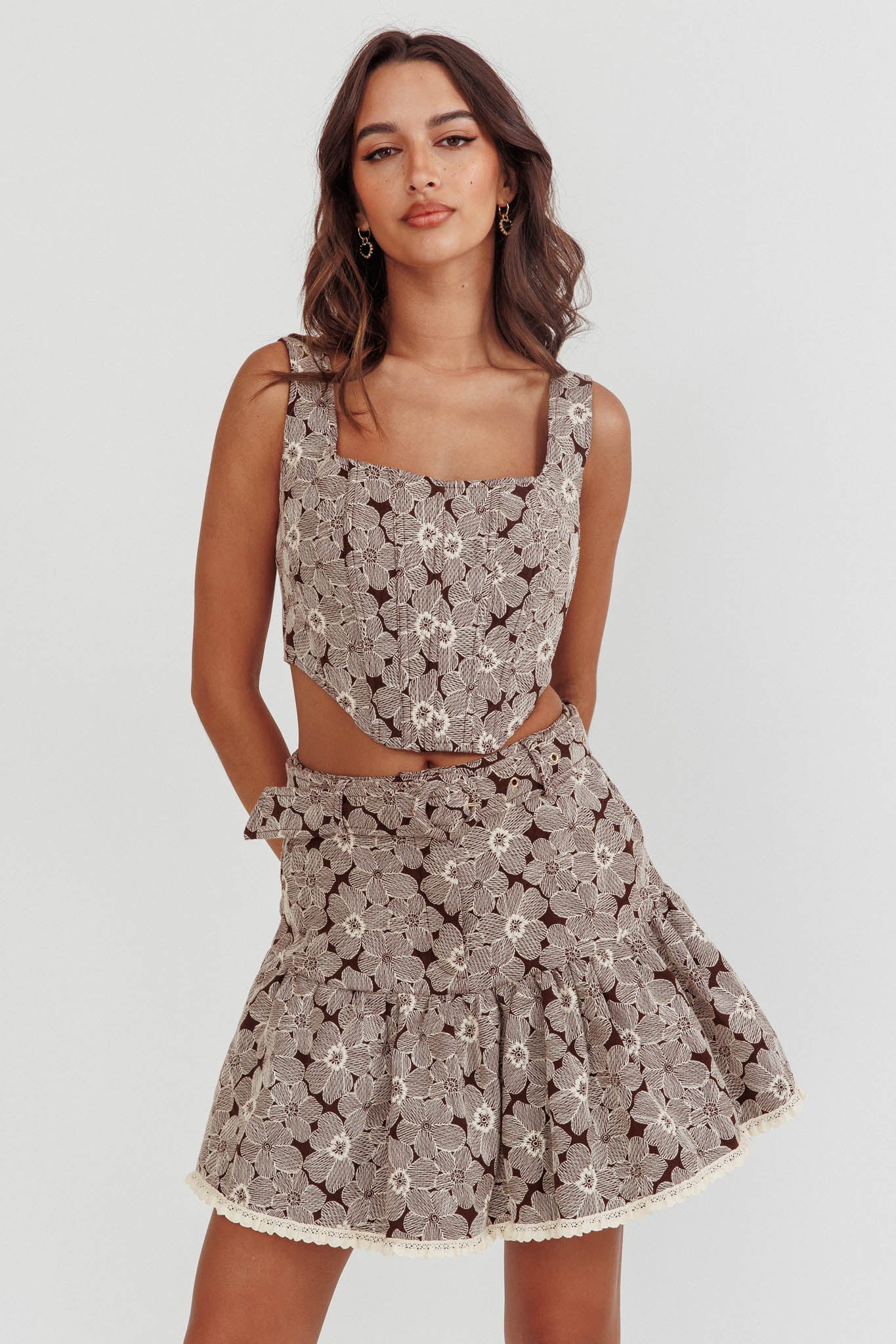 Southern Belles Belted Waist Mini Skirt Floral Brown by Selfie Leslie Australia
