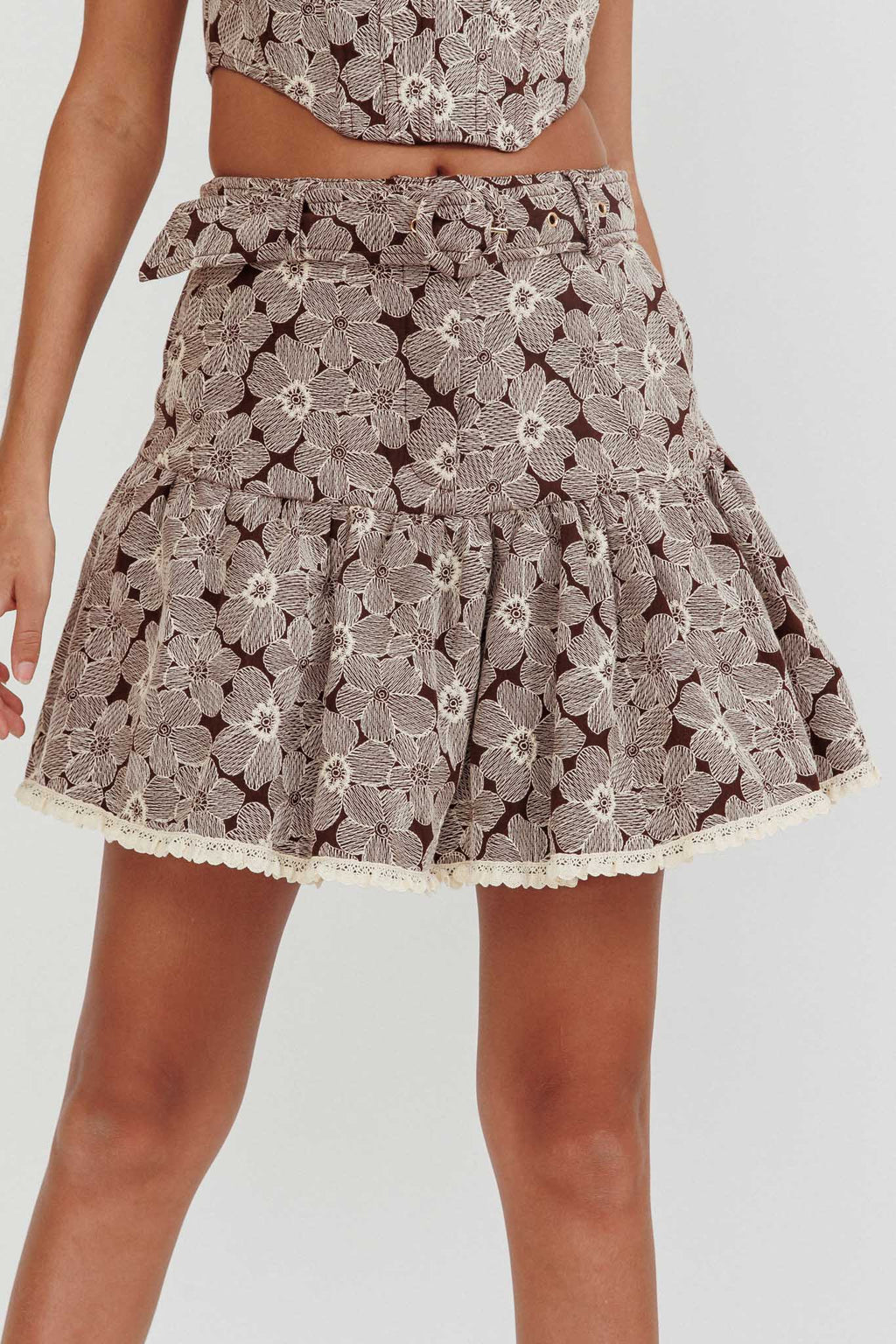 Southern Belles Belted Waist Mini Skirt Floral Brown by Selfie Leslie Australia
