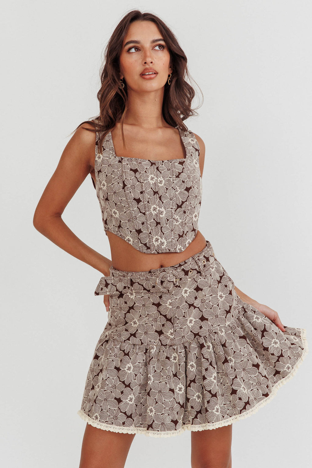 Southern Belles Belted Waist Mini Skirt Floral Brown by Selfie Leslie Australia