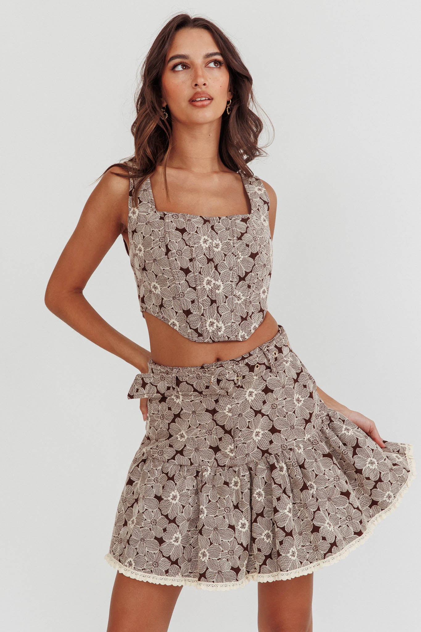 Southern Belles Belted Waist Mini Skirt Floral Brown by Selfie Leslie Australia