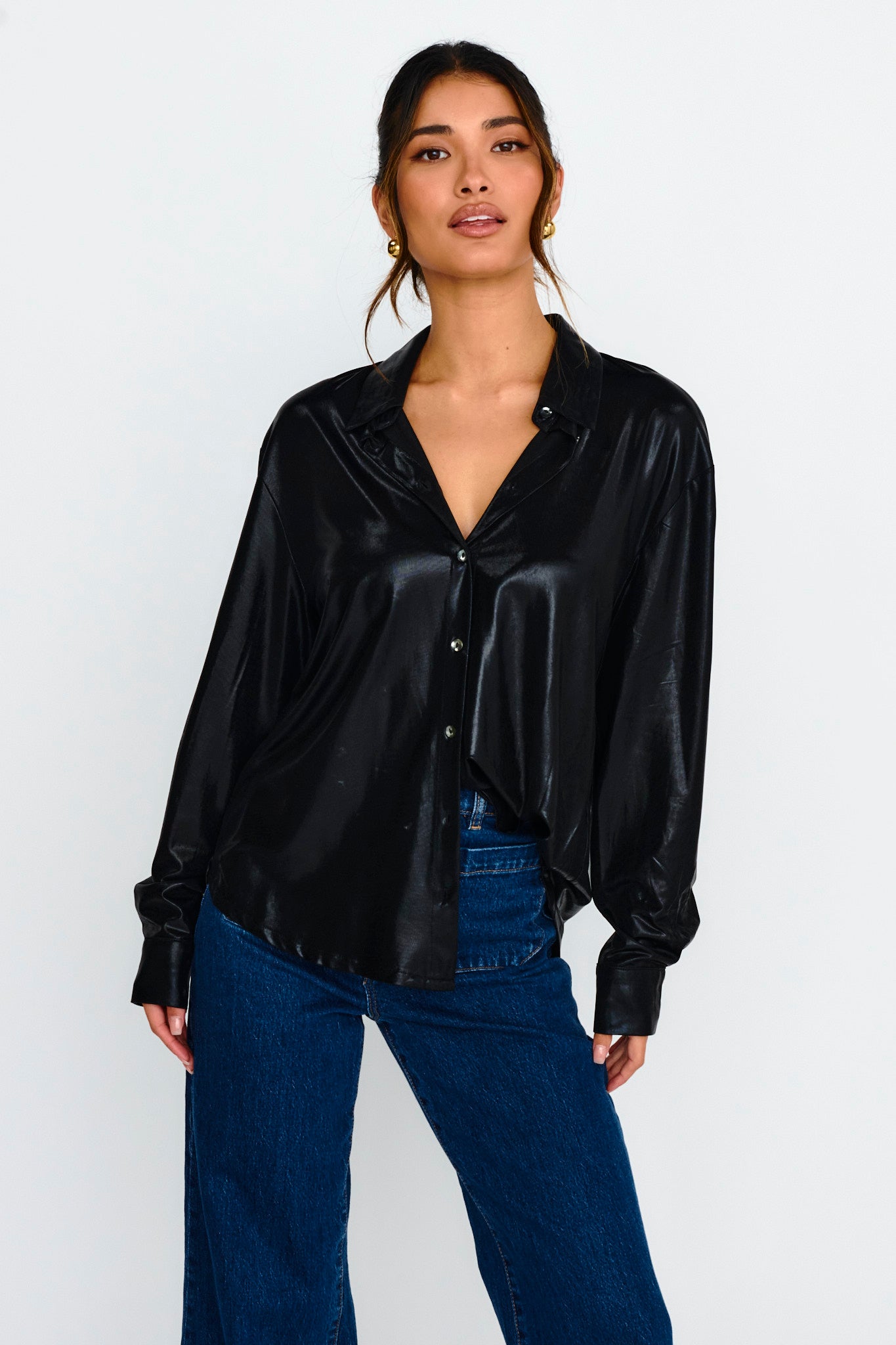 Benni Long Sleeve Button-Up Shirt Black by Selfie Leslie Australia
