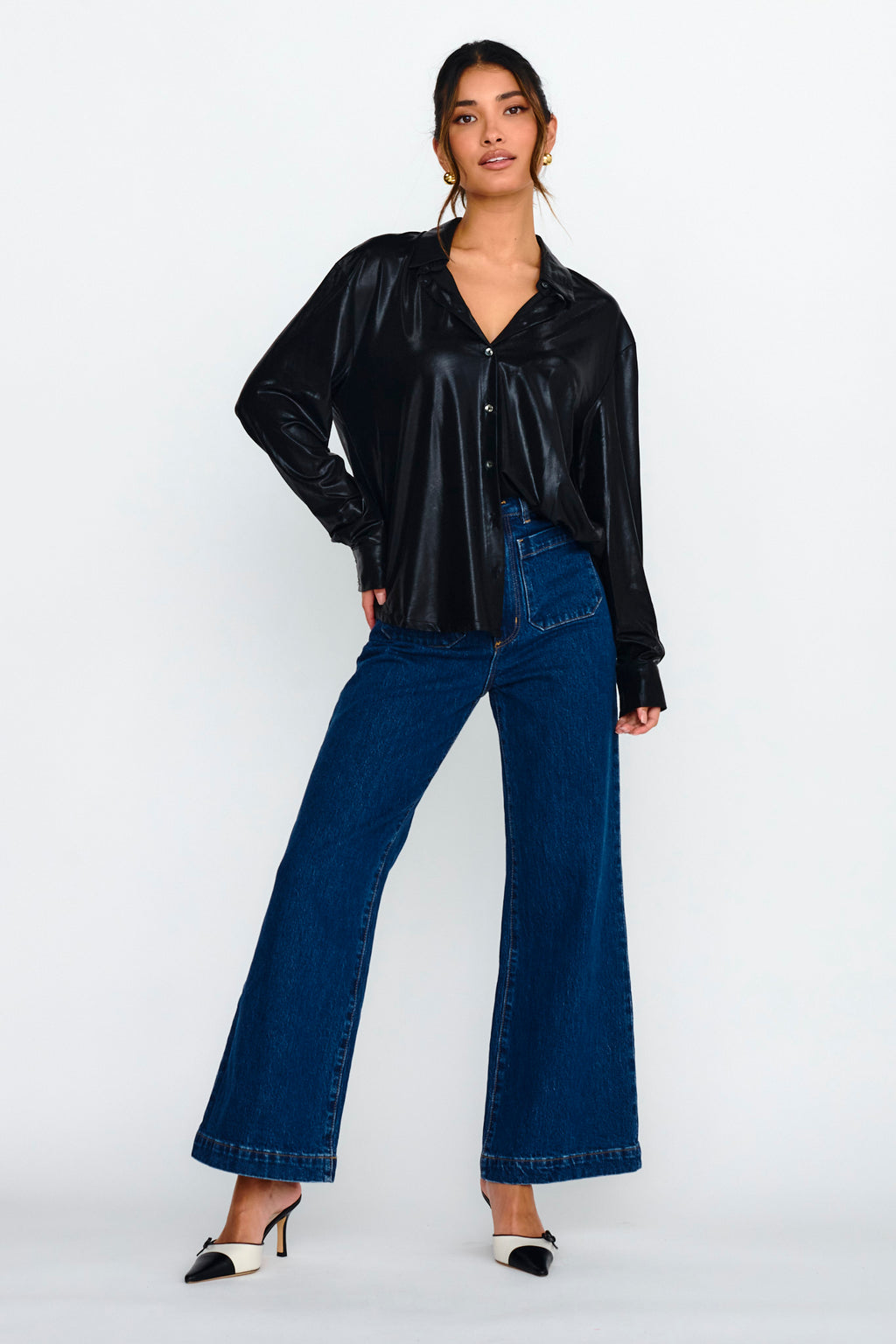 Benni Long Sleeve Button-Up Shirt Black by Selfie Leslie Australia