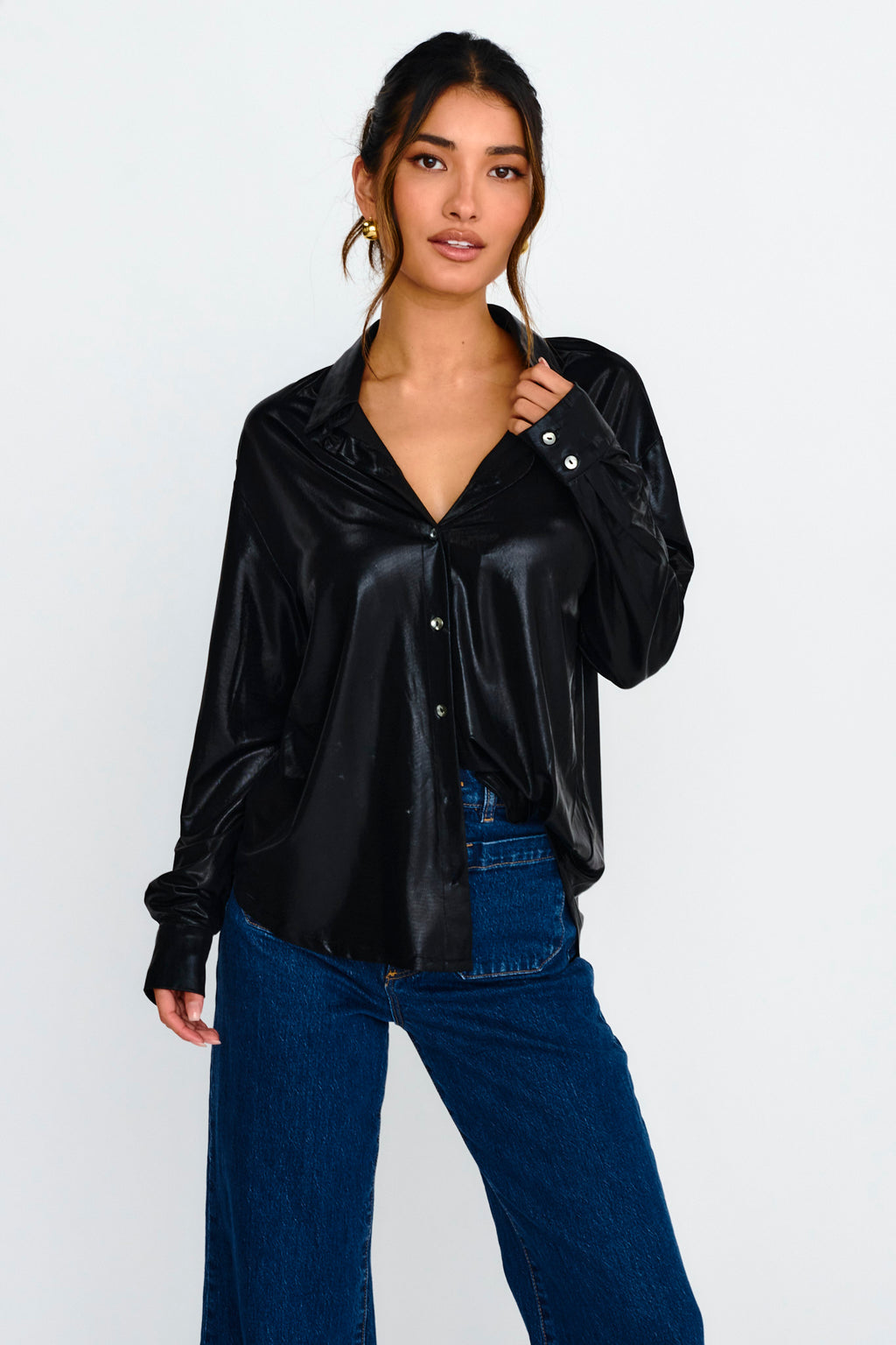 Benni Long Sleeve Button-Up Shirt Black by Selfie Leslie Australia