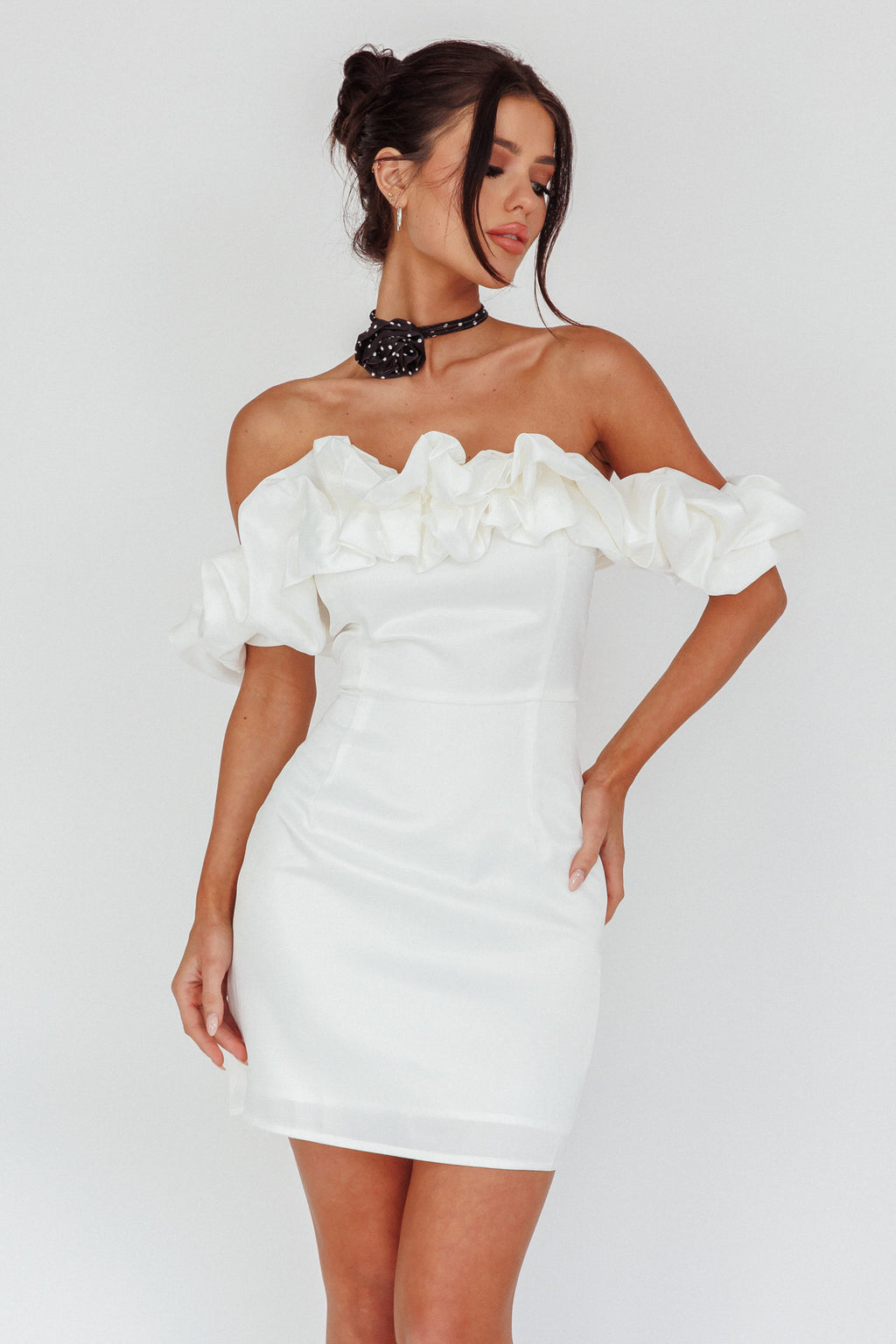 La Palma Off-Shoulder Mini Dress Off White by Selfie Leslie Australia