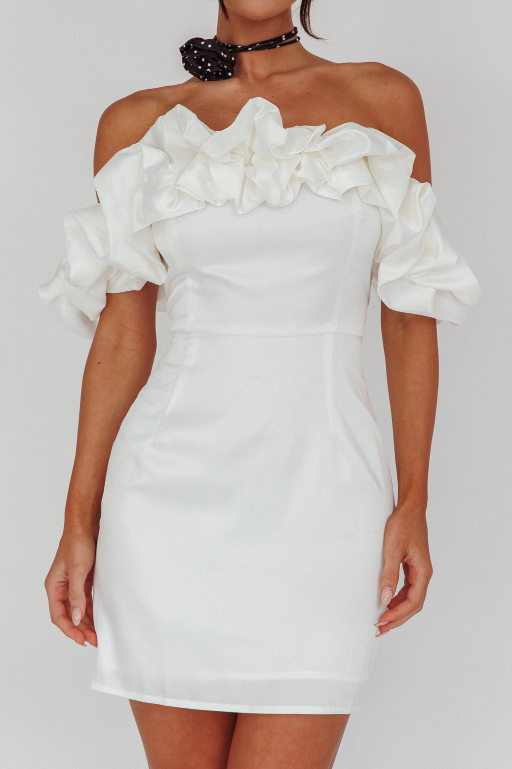 La Palma Off-Shoulder Mini Dress Off White by Selfie Leslie Australia