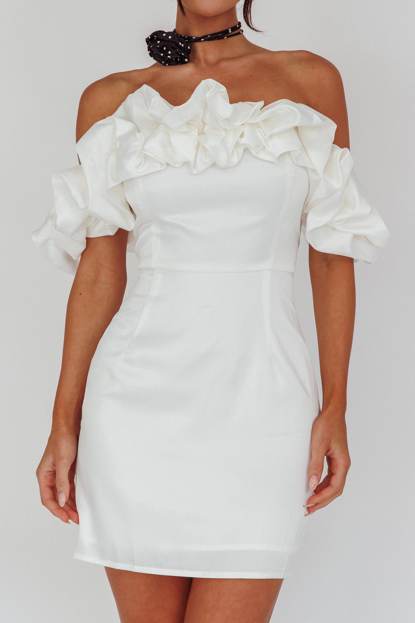 La Palma Off-Shoulder Mini Dress Off White by Selfie Leslie Australia