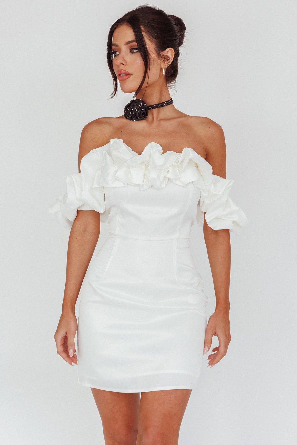 La Palma Off-Shoulder Mini Dress Off White by Selfie Leslie Australia