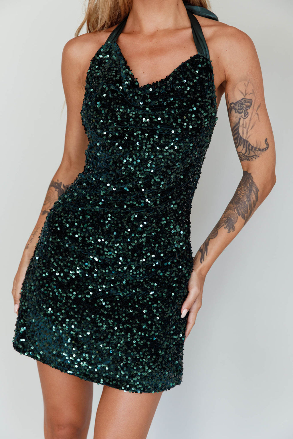 Star Lights Halterneck Mini Dress Sequin Emerald by Selfie Leslie Australia