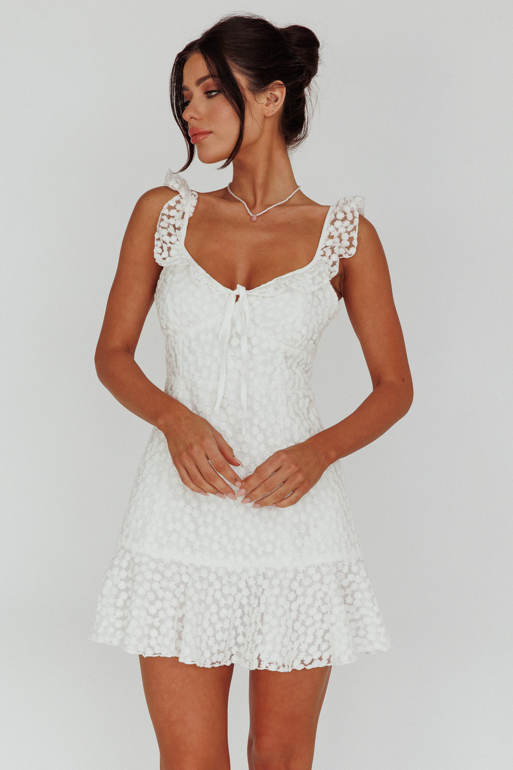 Shenay Ruffle Strap Embroidered Mini Dress White by Selfie Leslie Australia