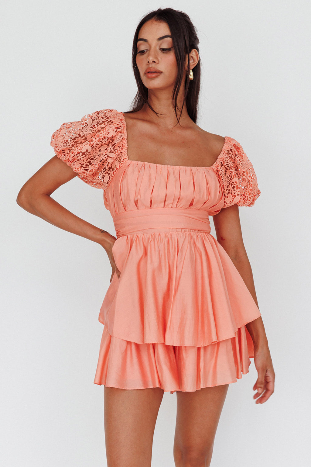 Hold My Halo Lace Sleeve Romper Apricot by Selfie Leslie Australia