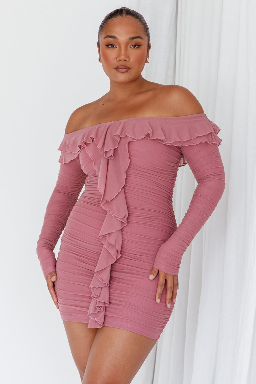 Confession Off-Shoulder Long Sleeve Mini Dress Mauve by Selfie Leslie Australia