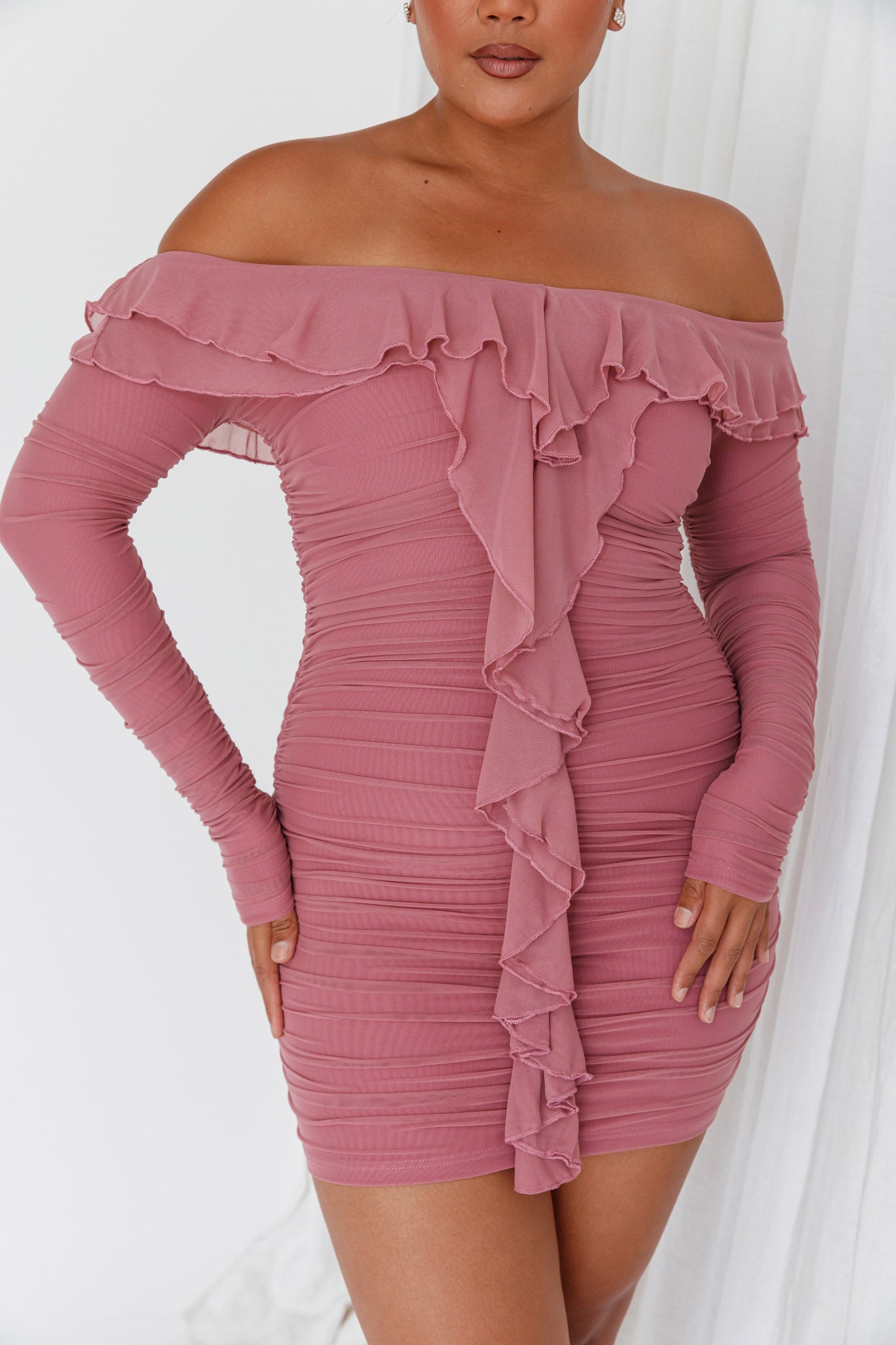 Confession Off-Shoulder Long Sleeve Mini Dress Mauve by Selfie Leslie Australia