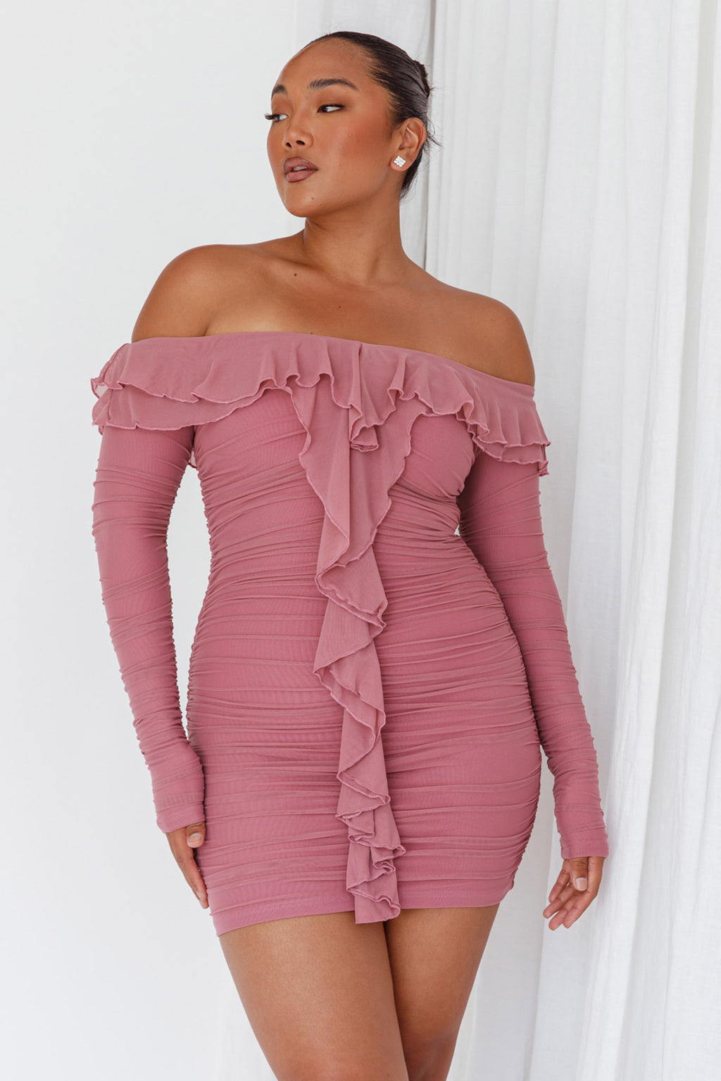 Confession Off-Shoulder Long Sleeve Mini Dress Mauve by Selfie Leslie Australia