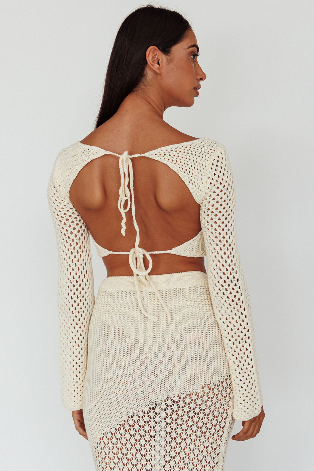 Serenity Sky Long Sleeve Crochet Crop Top Milk by Selfie Leslie Australia