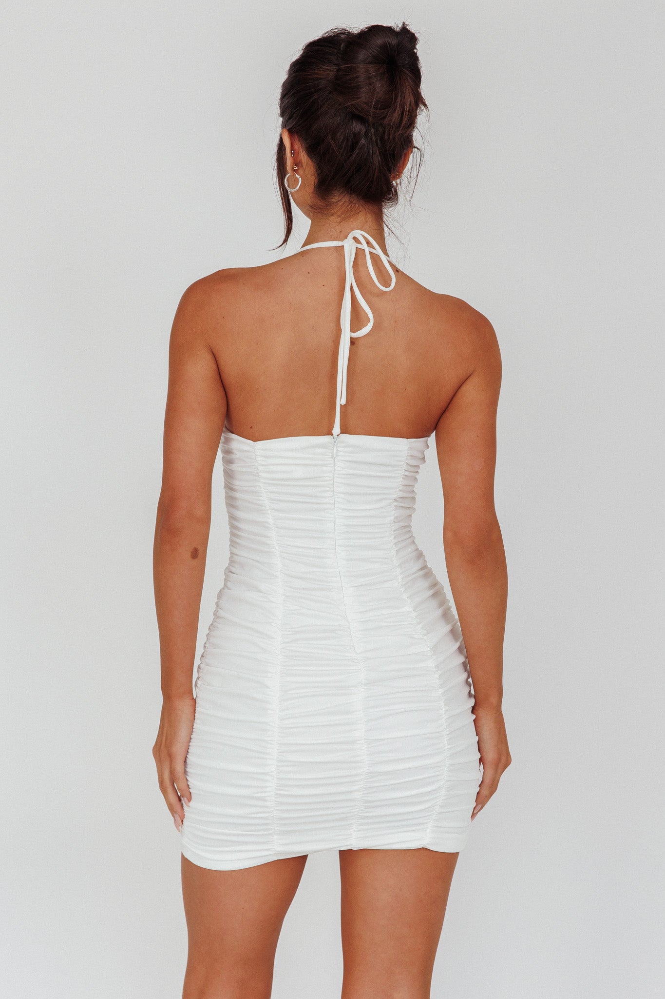 Harli Ruched Drawstring Keyhole Mini Dress White by Selfie Leslie Australia