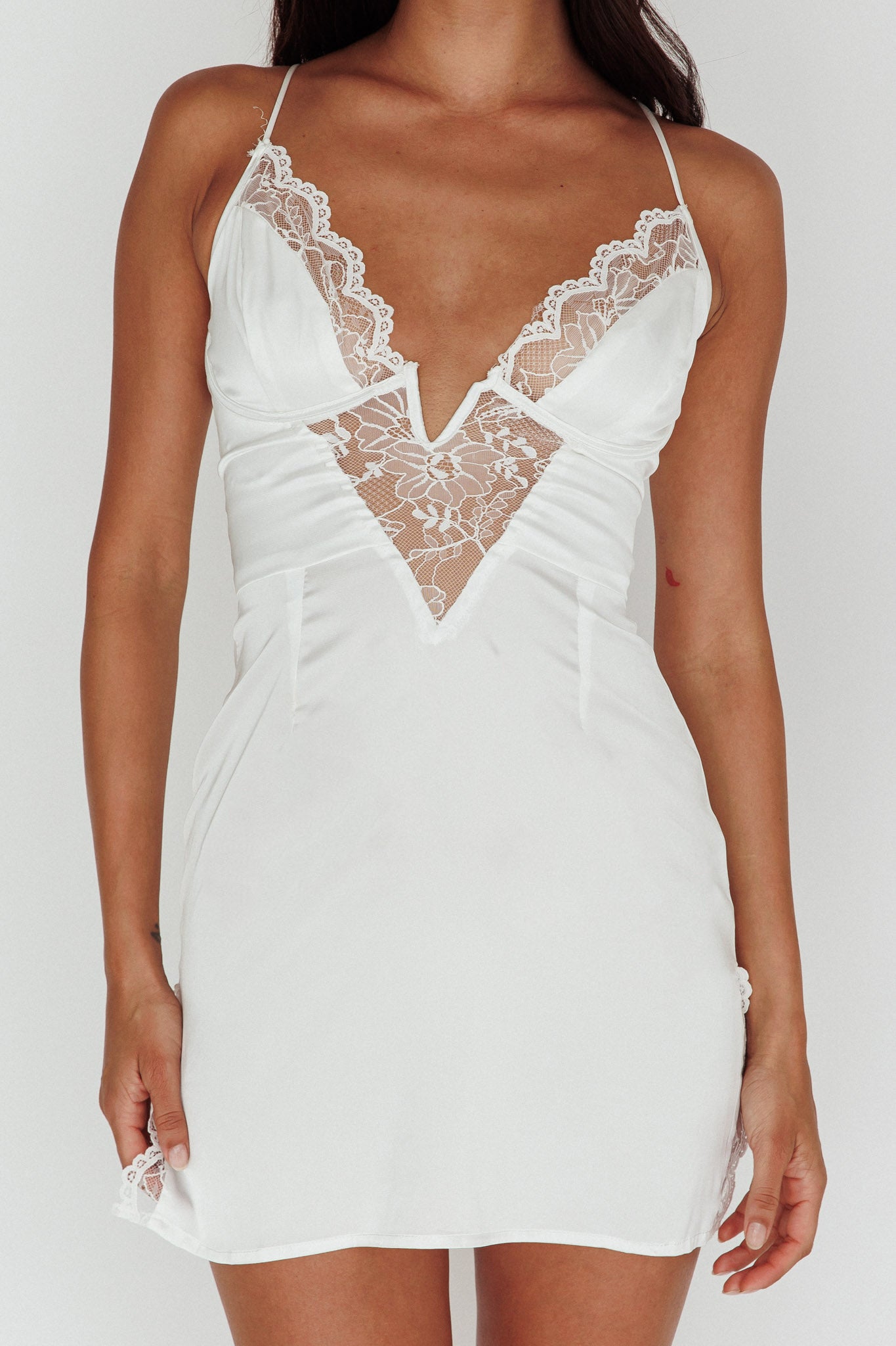 Make Me Blush Lace Trim Mini Dress White by Selfie Leslie Australia