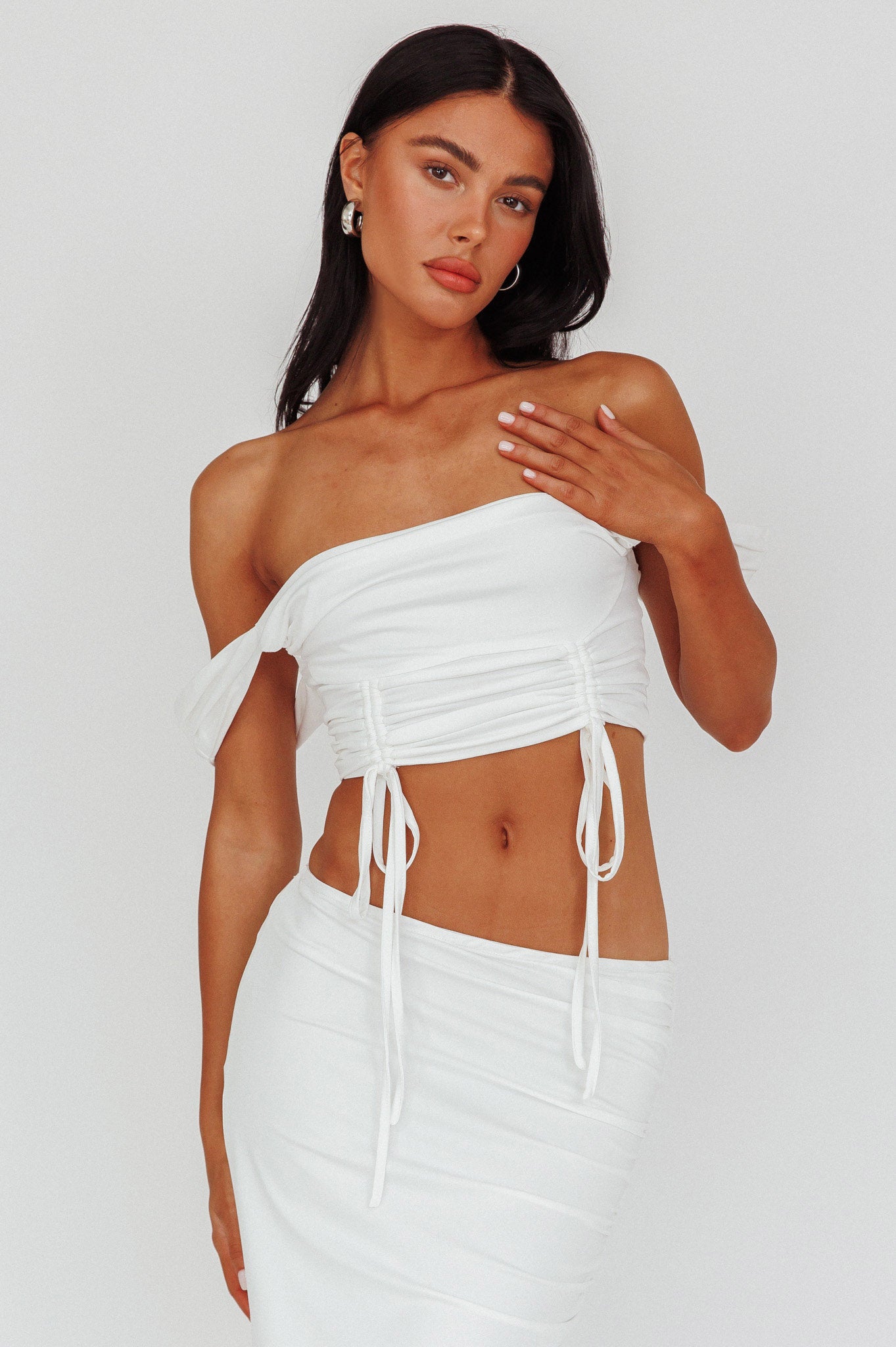 Headliner Drawstring Ruched  Crop Top White by Selfie Leslie Australia