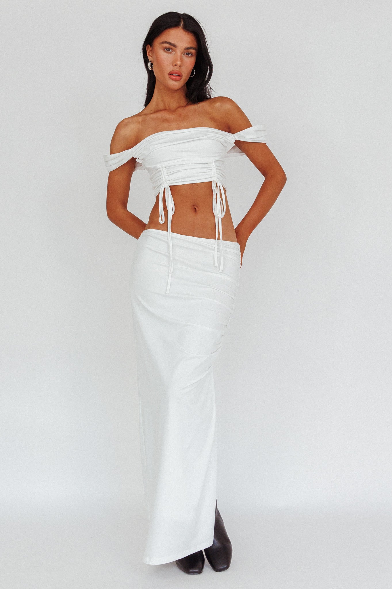 Headliner Drawstring Ruched  Crop Top White by Selfie Leslie Australia