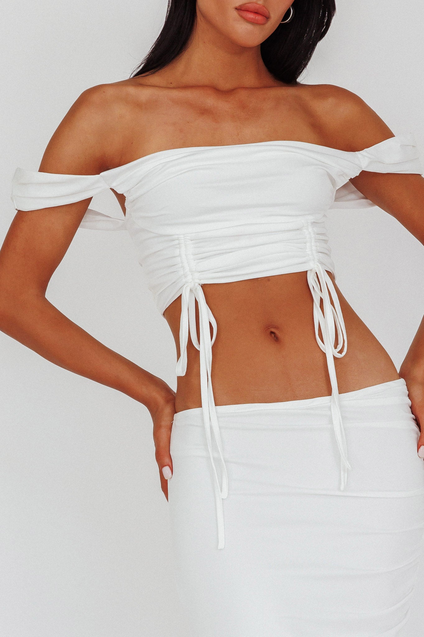 Headliner Drawstring Ruched  Crop Top White by Selfie Leslie Australia