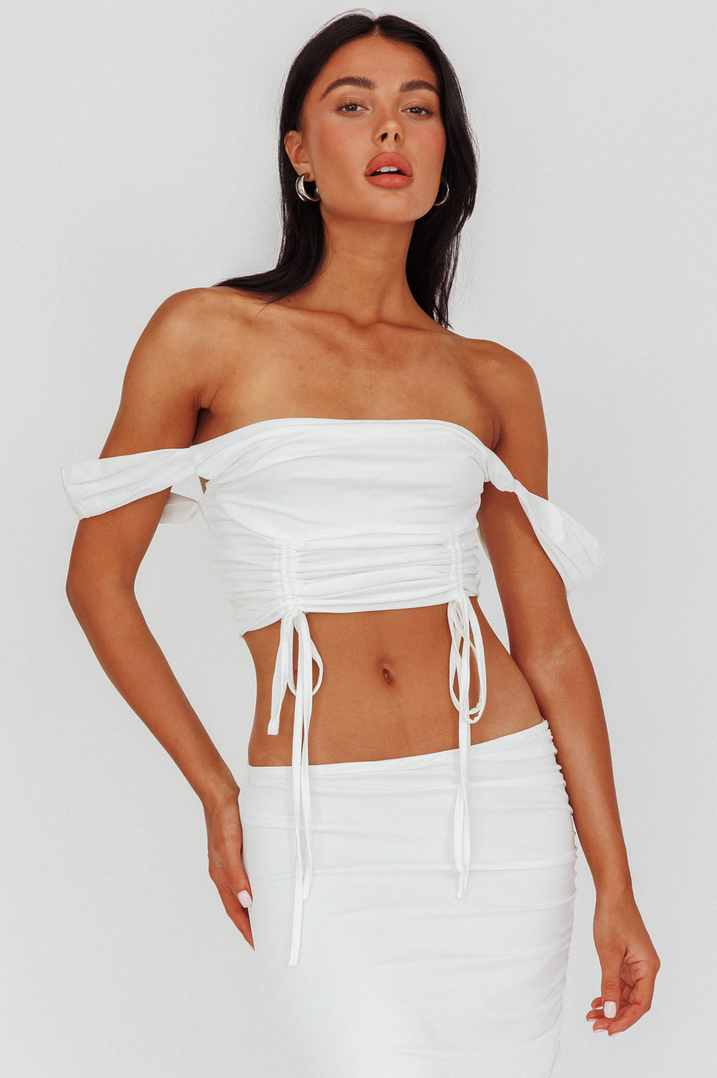 Headliner Drawstring Ruched  Crop Top White by Selfie Leslie Australia