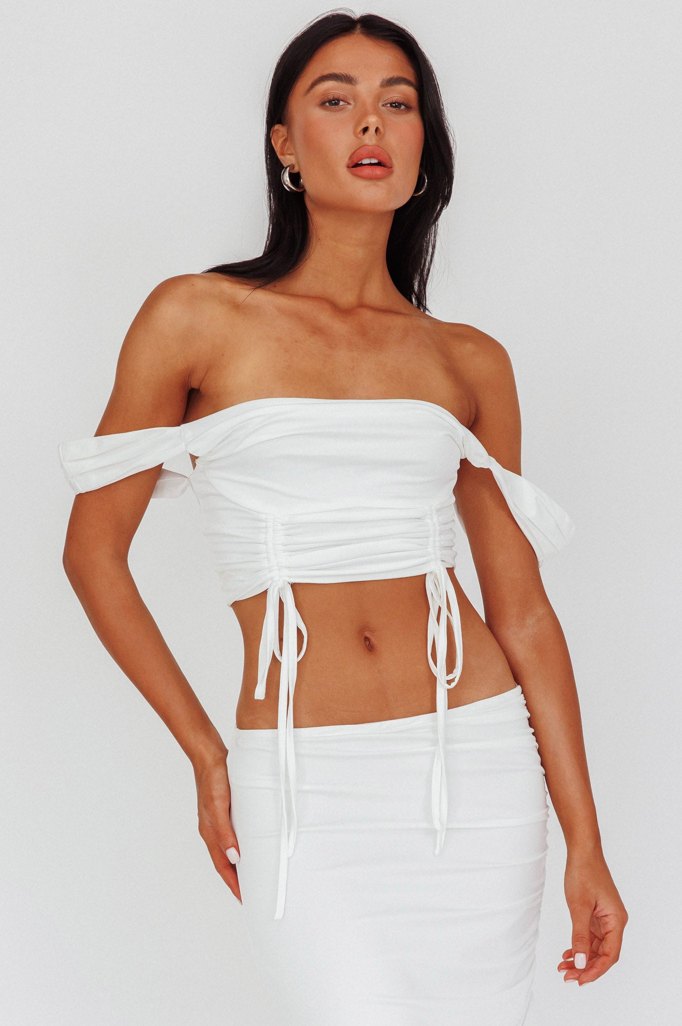 Headliner Drawstring Ruched  Crop Top White by Selfie Leslie Australia