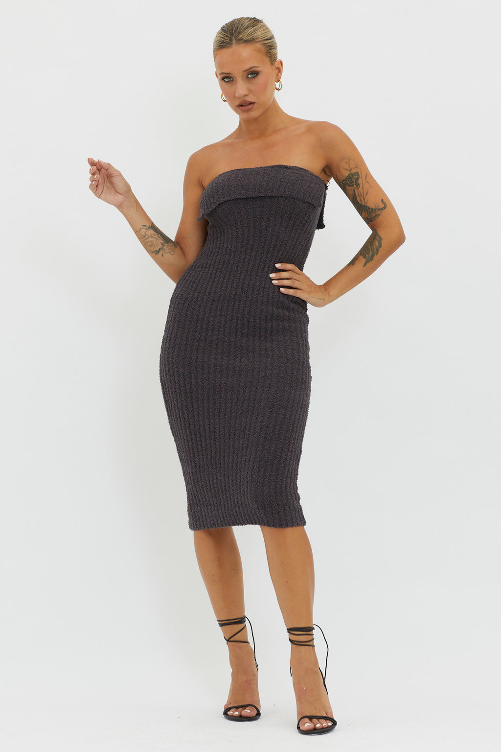 Lupita Foldover Ribbed Knit Midi Dress Charcoal by Selfie Leslie Australia