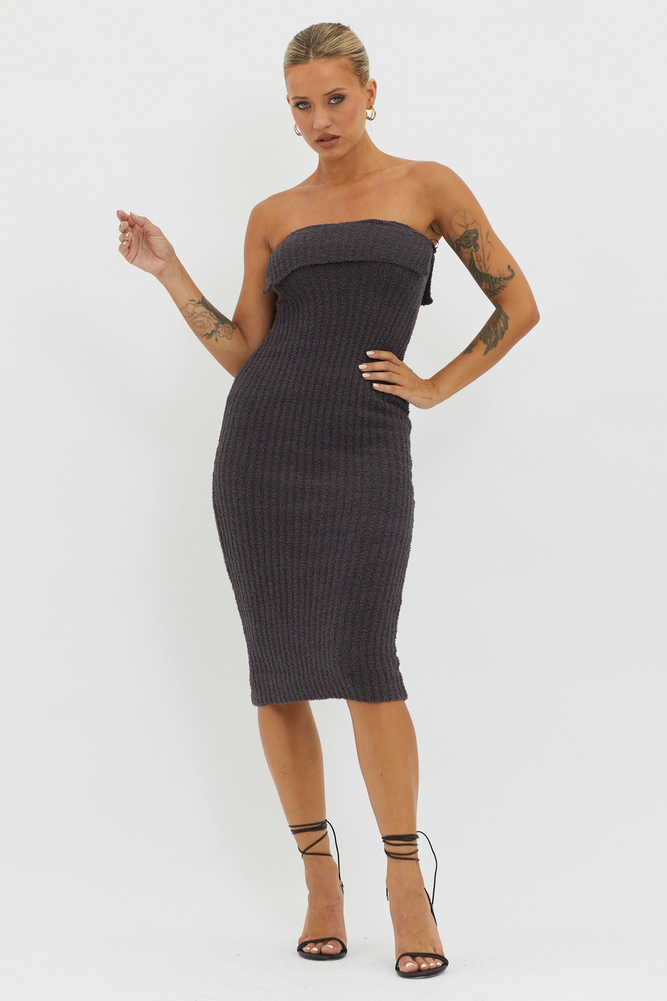 Lupita Foldover Ribbed Knit Midi Dress Charcoal by Selfie Leslie Australia
