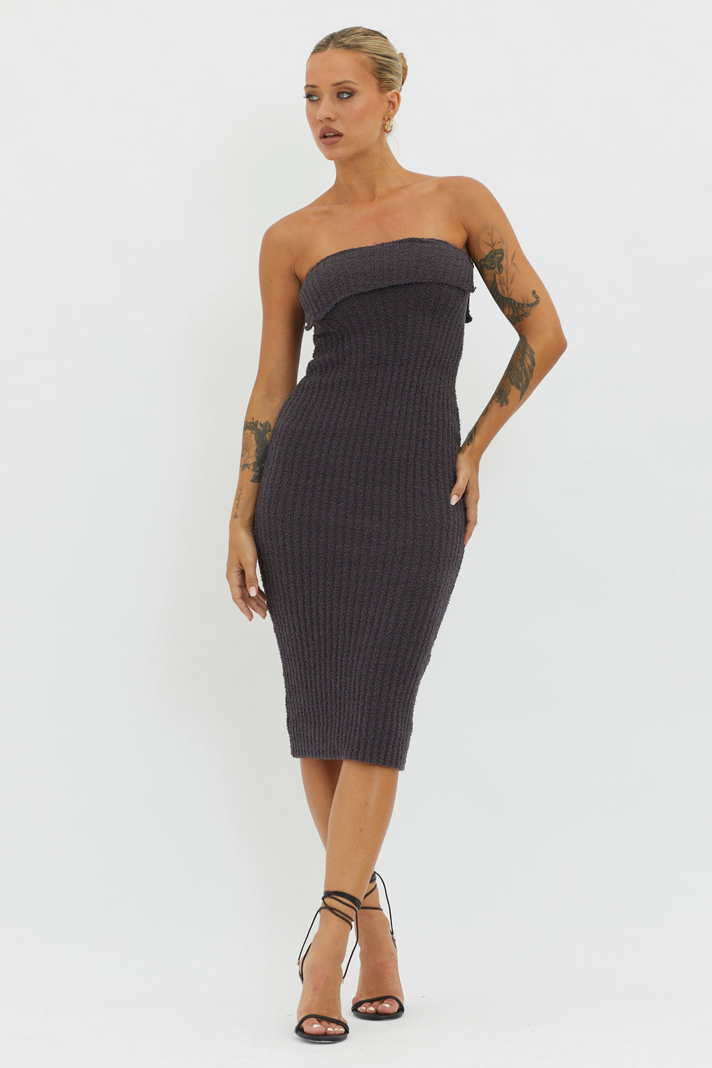 Lupita Foldover Ribbed Knit Midi Dress Charcoal by Selfie Leslie Australia