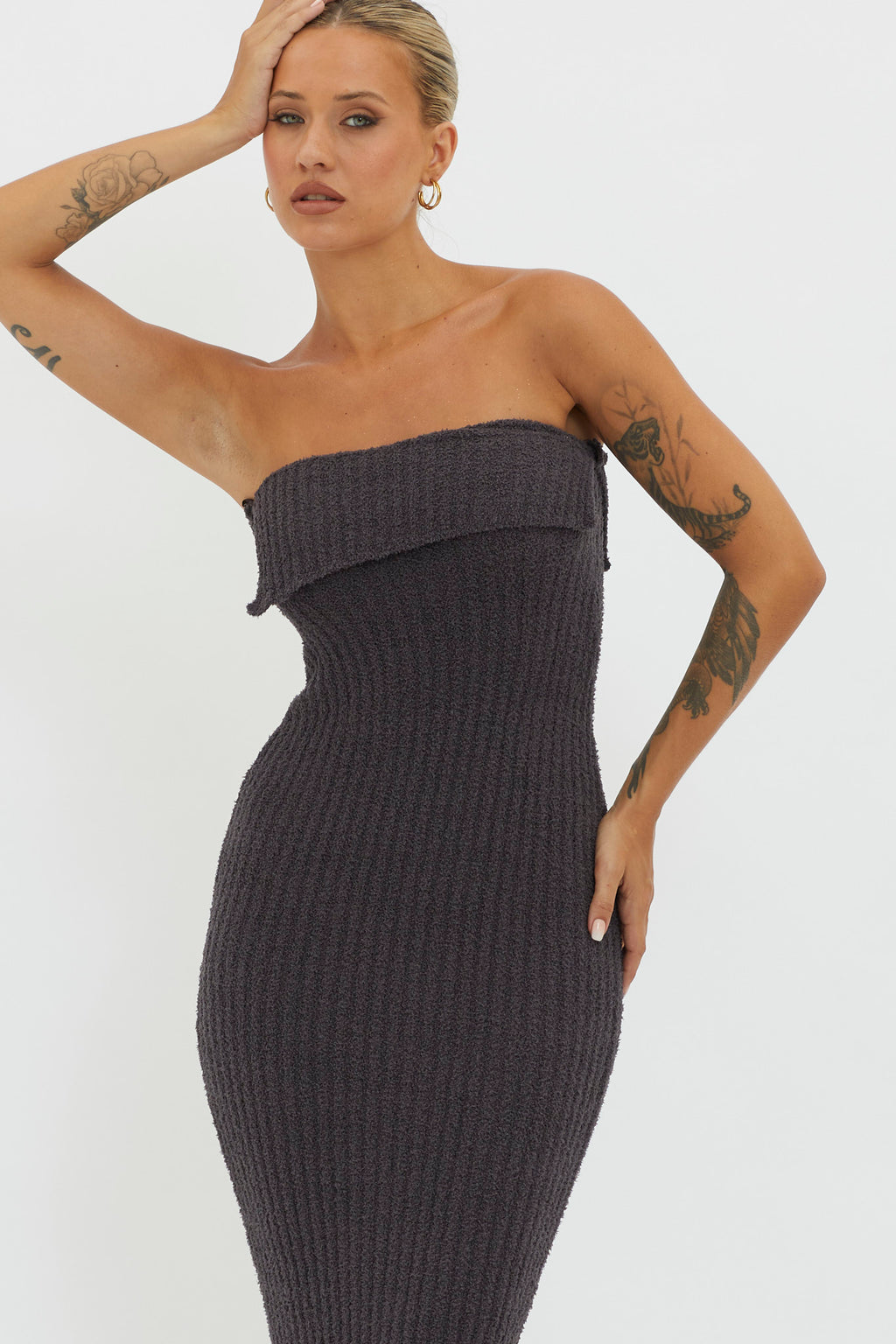 Lupita Foldover Ribbed Knit Midi Dress Charcoal by Selfie Leslie Australia