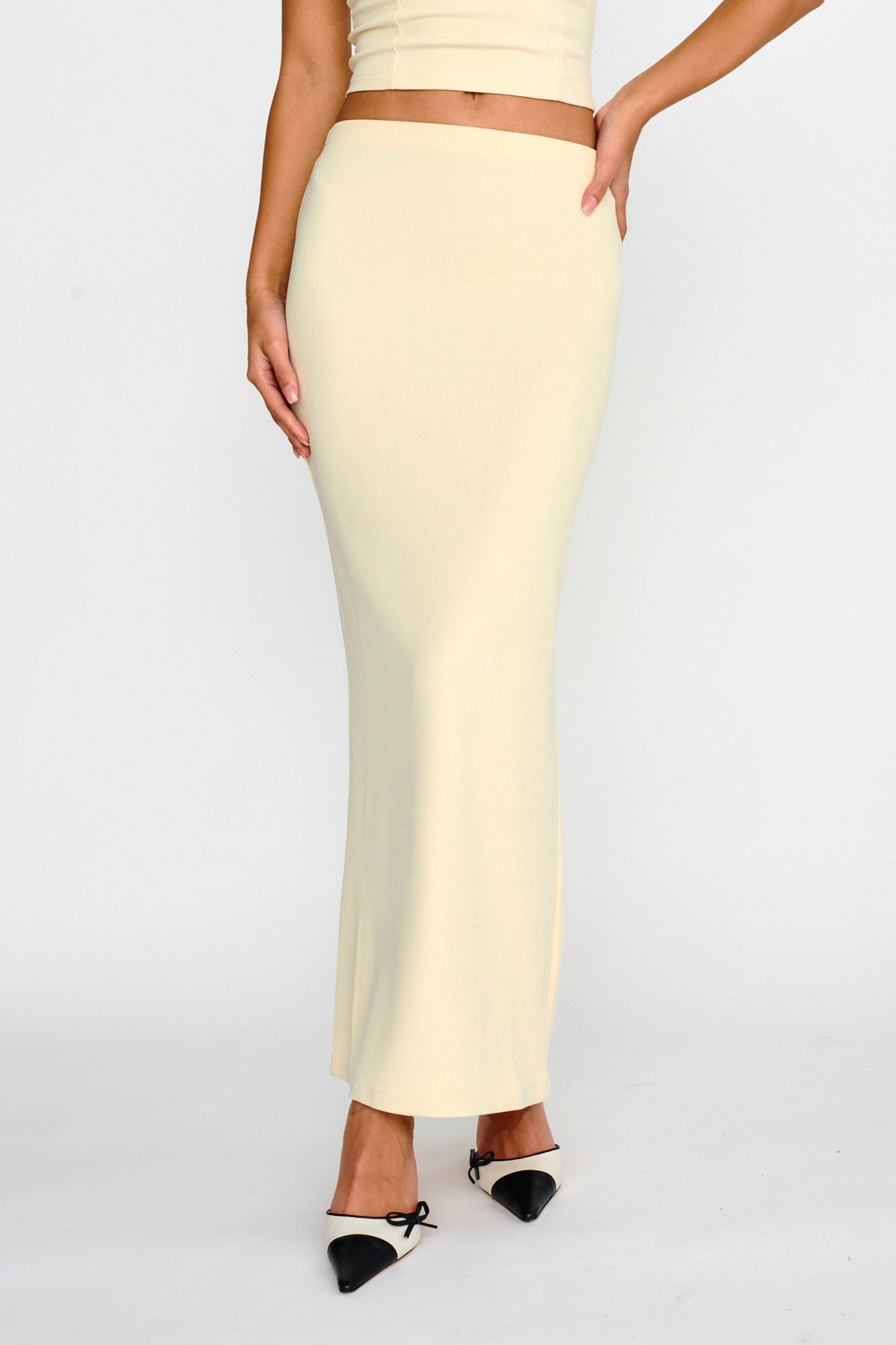 Strike A Pose Ribbed Maxi Skirt Cream by Selfie Leslie Australia