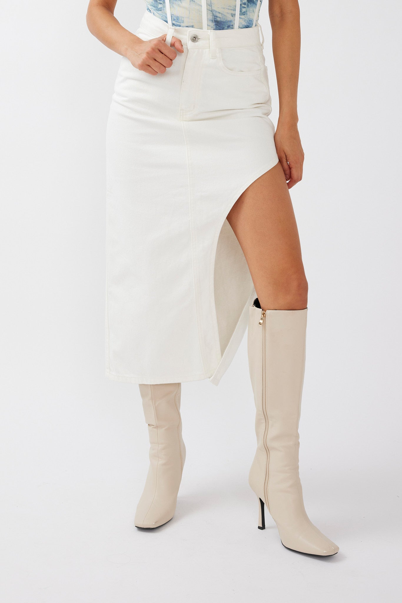 Peachy Keen Cut-Out Split Midi Skirt White by Selfie Leslie Australia