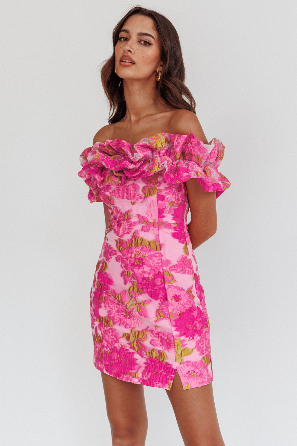 Memoire Off-Shoulder Textured Mini Dress Pink by Selfie Leslie Australia