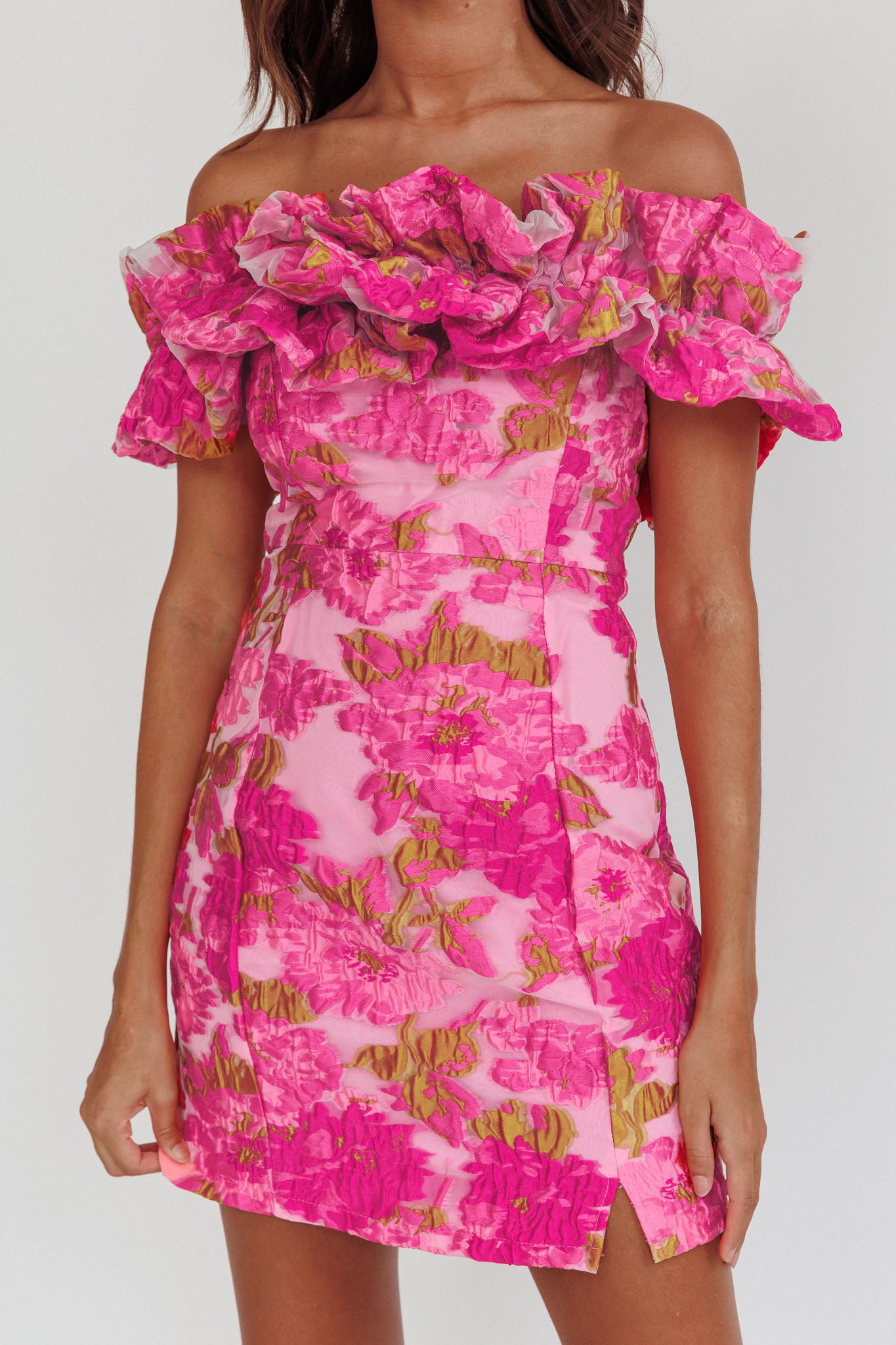 Memoire Off-Shoulder Textured Mini Dress Pink by Selfie Leslie Australia