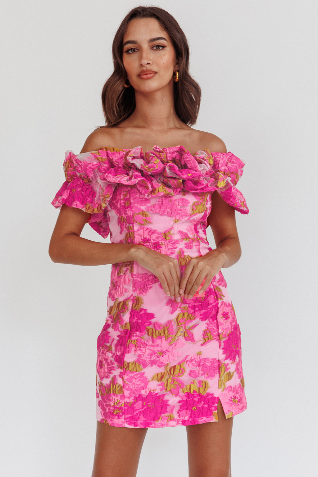 Memoire Off-Shoulder Textured Mini Dress Pink by Selfie Leslie Australia