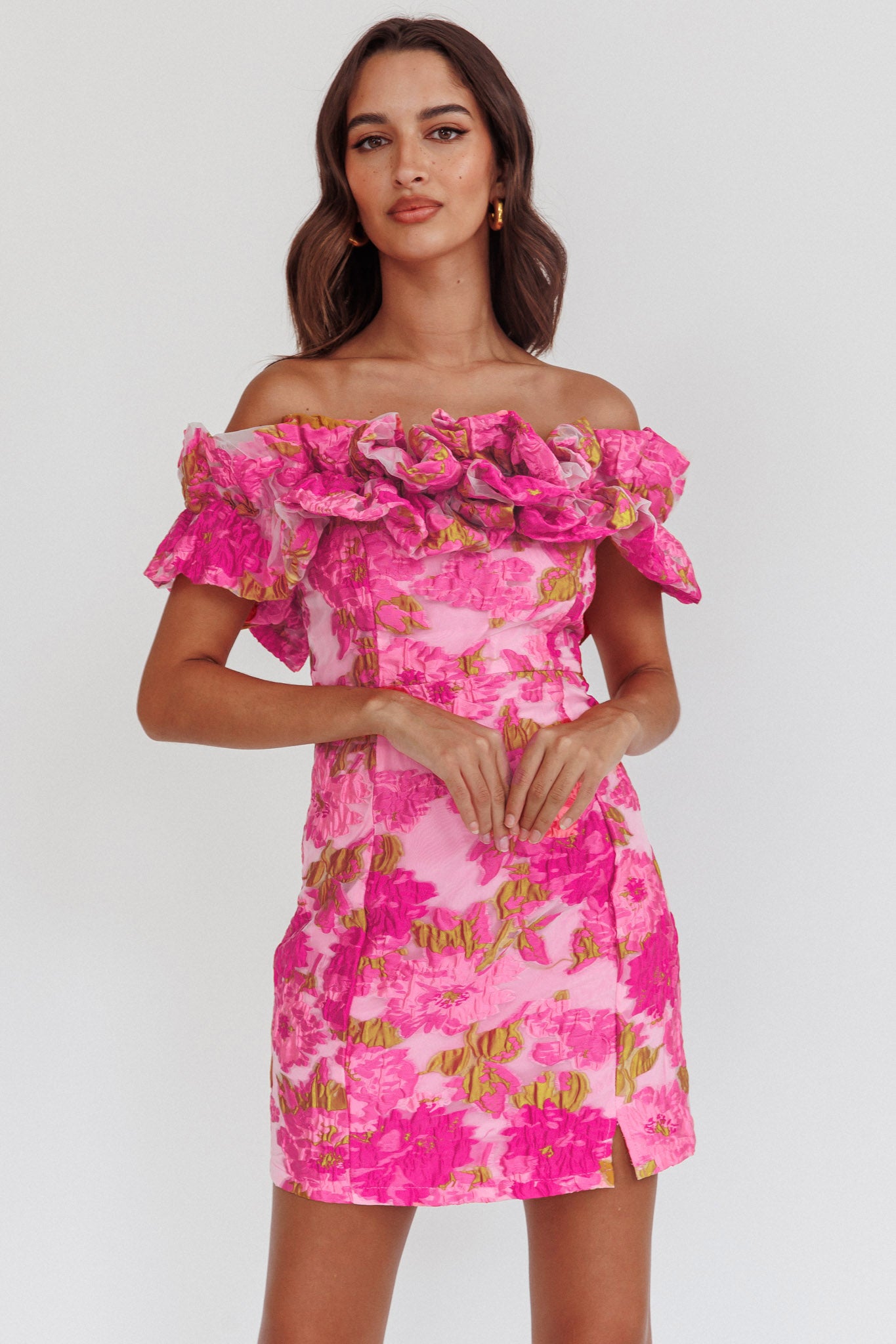 Memoire Off-Shoulder Textured Mini Dress Pink by Selfie Leslie Australia