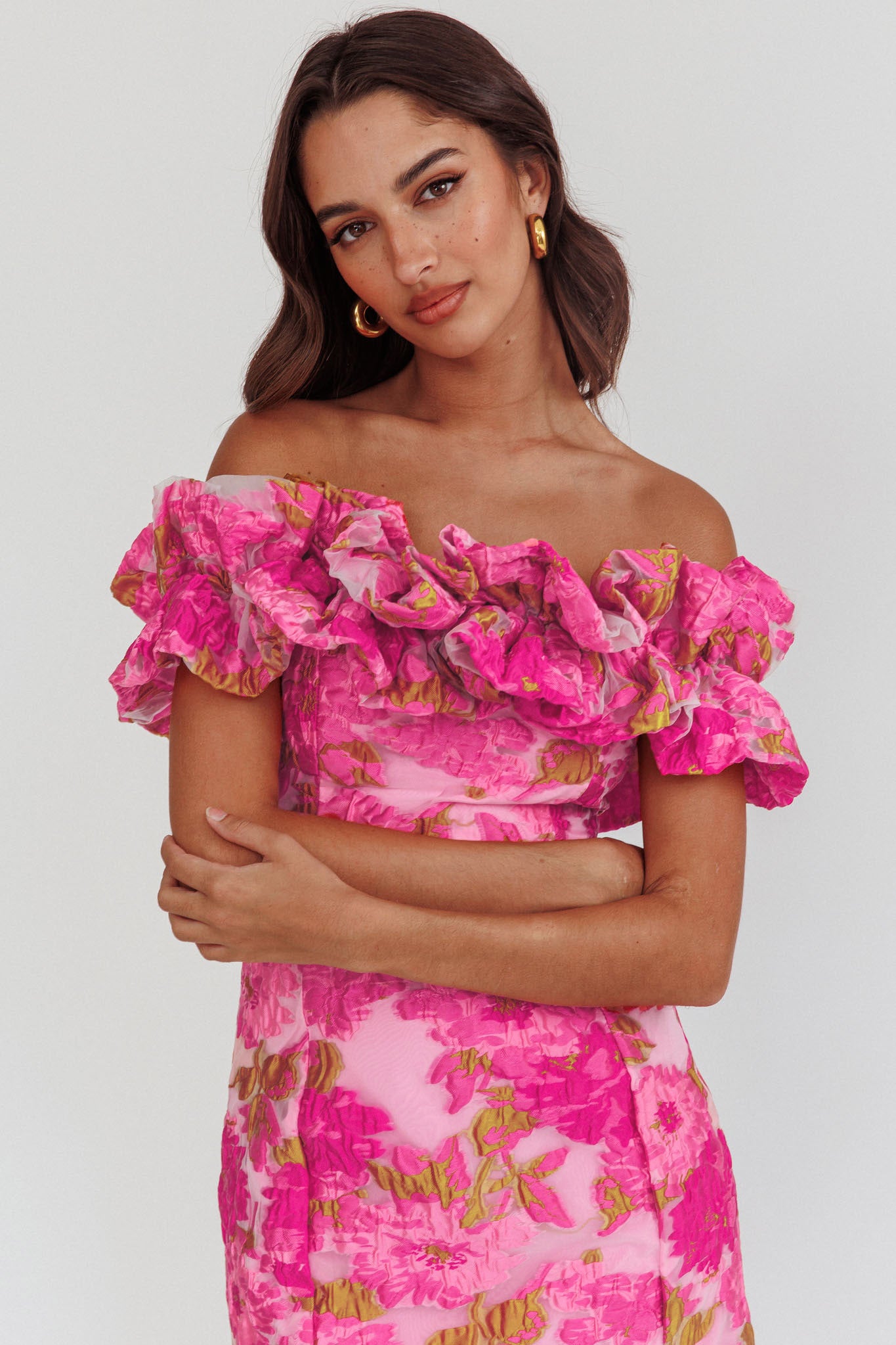 Memoire Off-Shoulder Textured Mini Dress Pink by Selfie Leslie Australia