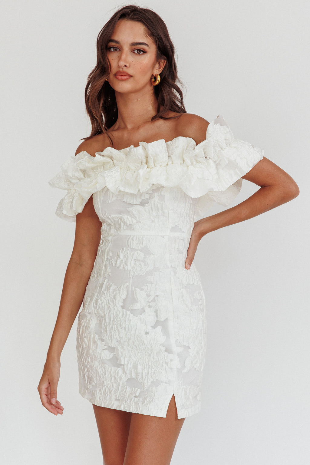 Memoire Off-Shoulder Textured Mini Dress White by Selfie Leslie Australia