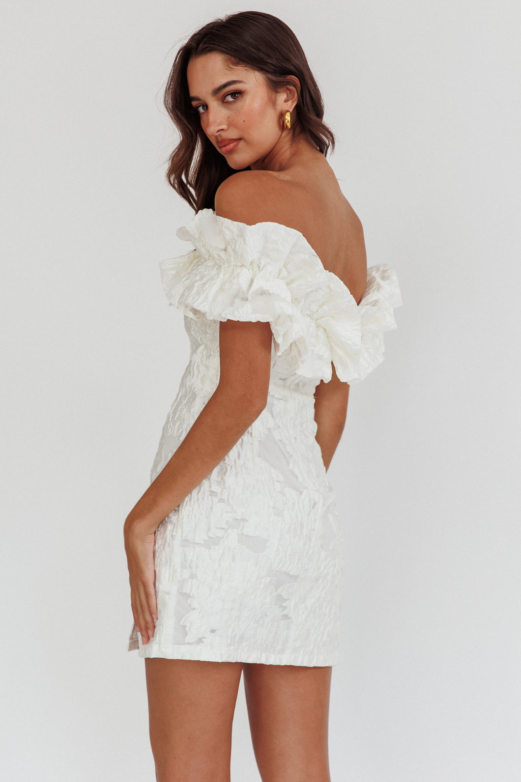 Memoire Off-Shoulder Textured Mini Dress White by Selfie Leslie Australia