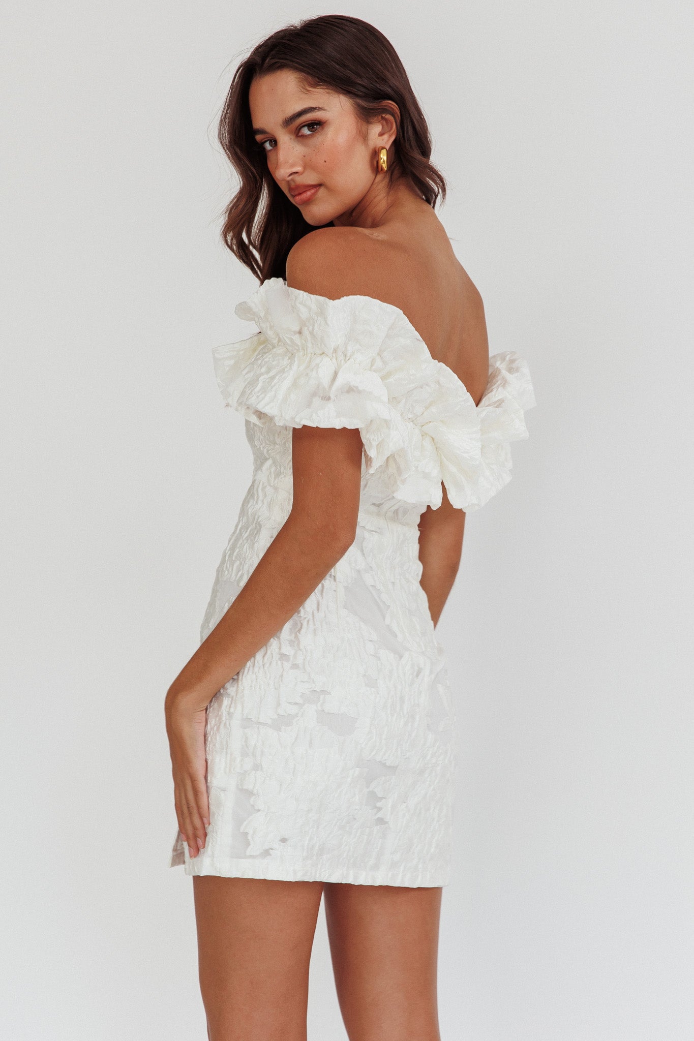 Memoire Off-Shoulder Textured Mini Dress White by Selfie Leslie Australia