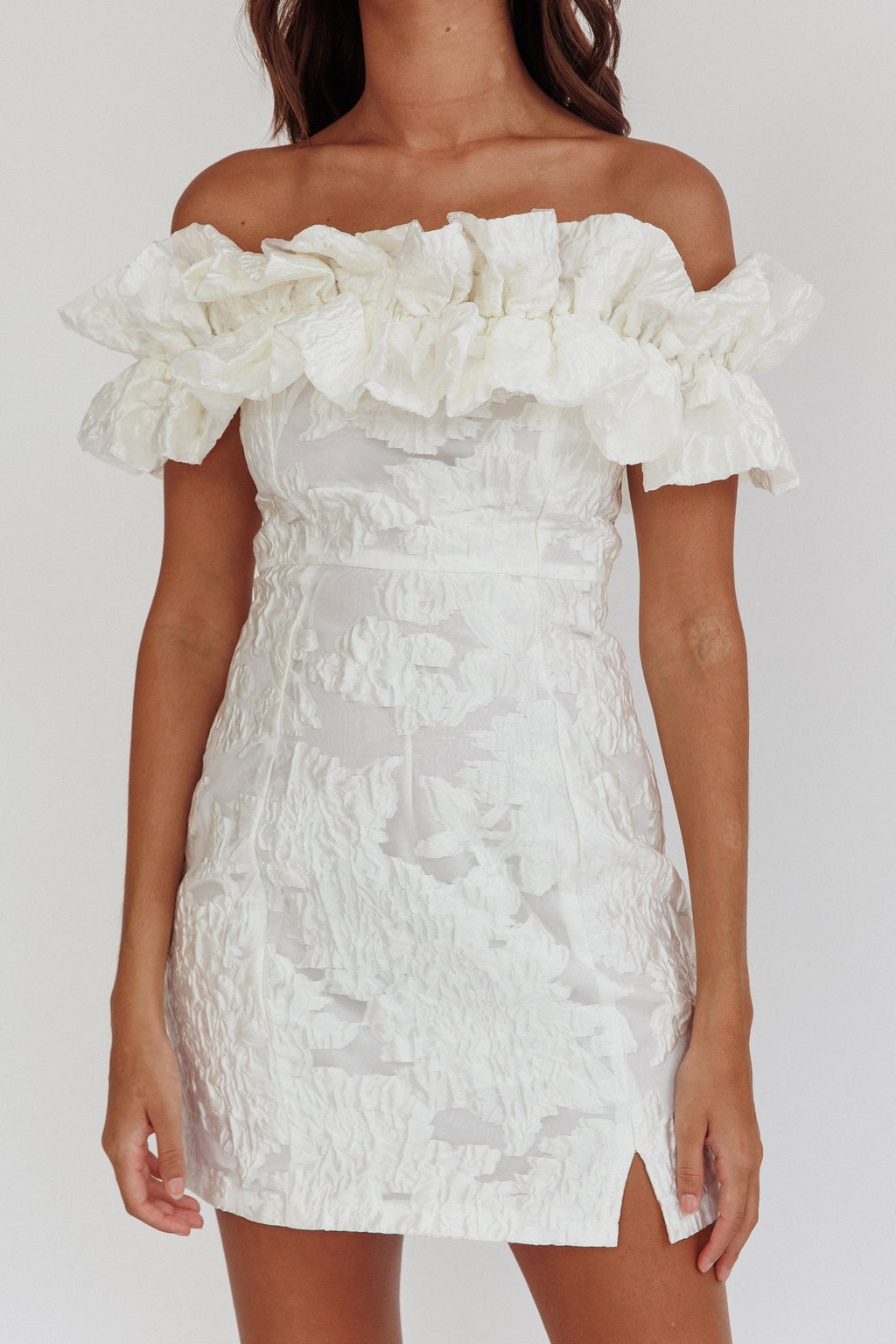 Memoire Off-Shoulder Textured Mini Dress White by Selfie Leslie Australia