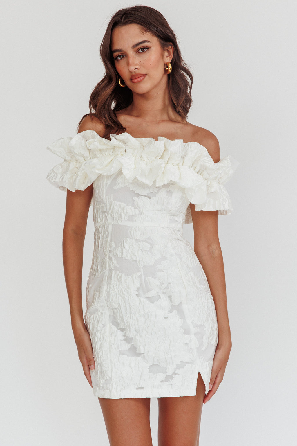 Memoire Off-Shoulder Textured Mini Dress White by Selfie Leslie Australia