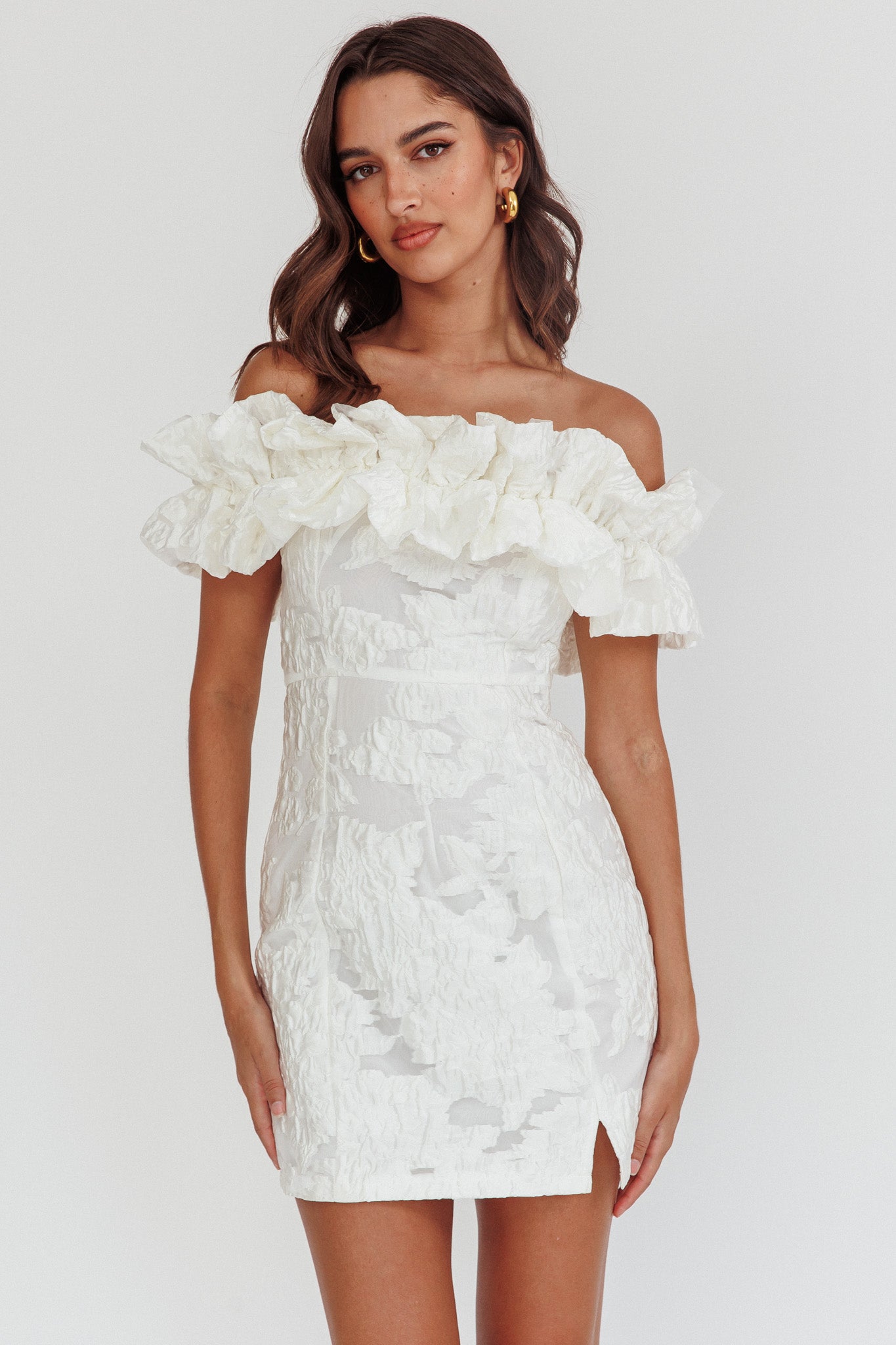 Memoire Off-Shoulder Textured Mini Dress White by Selfie Leslie Australia